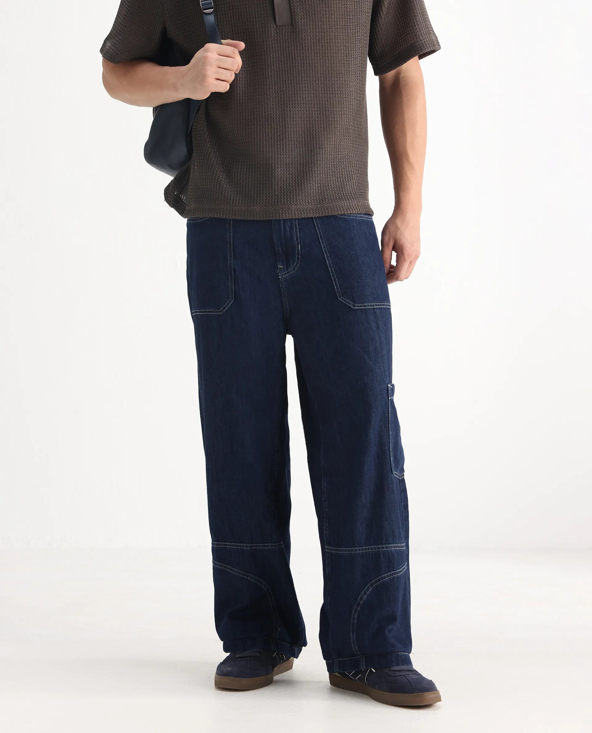 Rare Rabbit Men's Onyx Dark Blue Cotton Blend Plain Baggy Fit Jeans