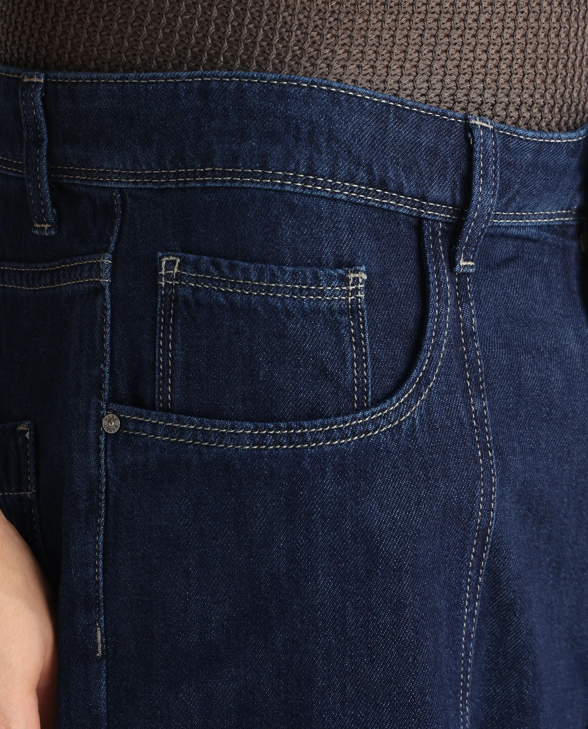 Rare Rabbit Men's Onyx Dark Blue Cotton Blend Plain Baggy Fit Jeans