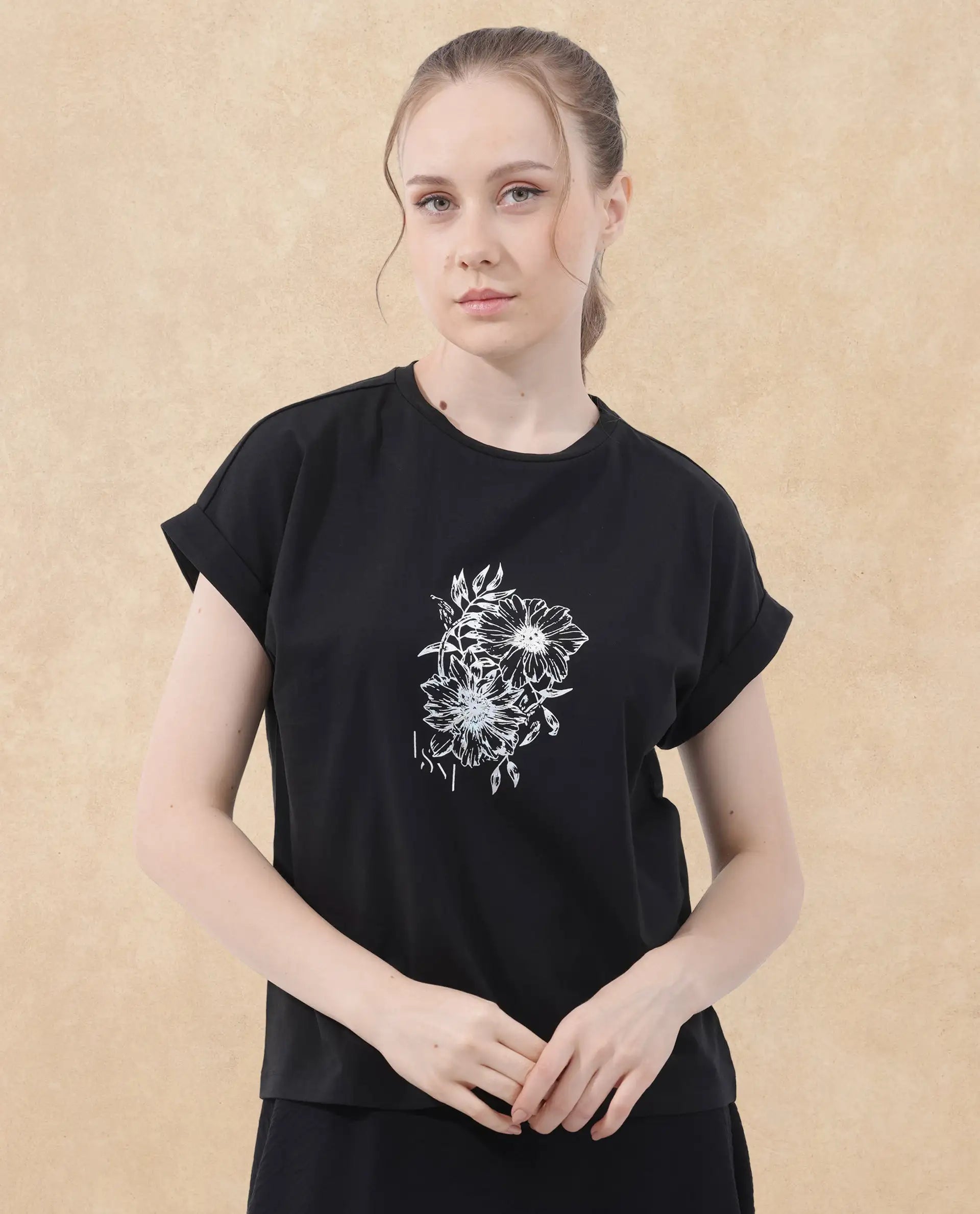 Rareism Women Ophili Black Cotton Elastane Fabric Crew Neck Knit Solid T-Shirt