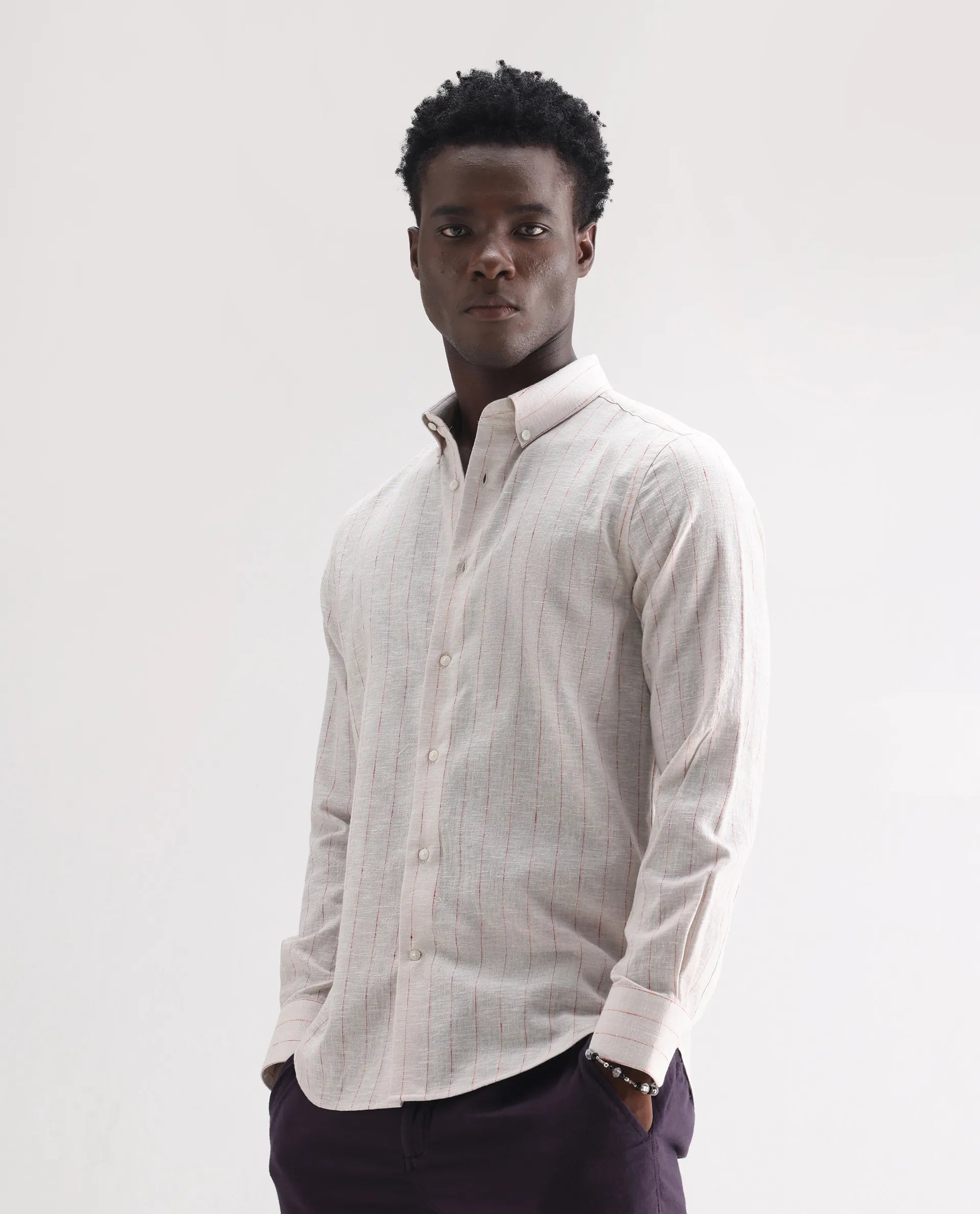 Rare Rabbit Men's Opis Off White Linen Blend Striped Print Regular Fit Full Sleeve Collared Shirt