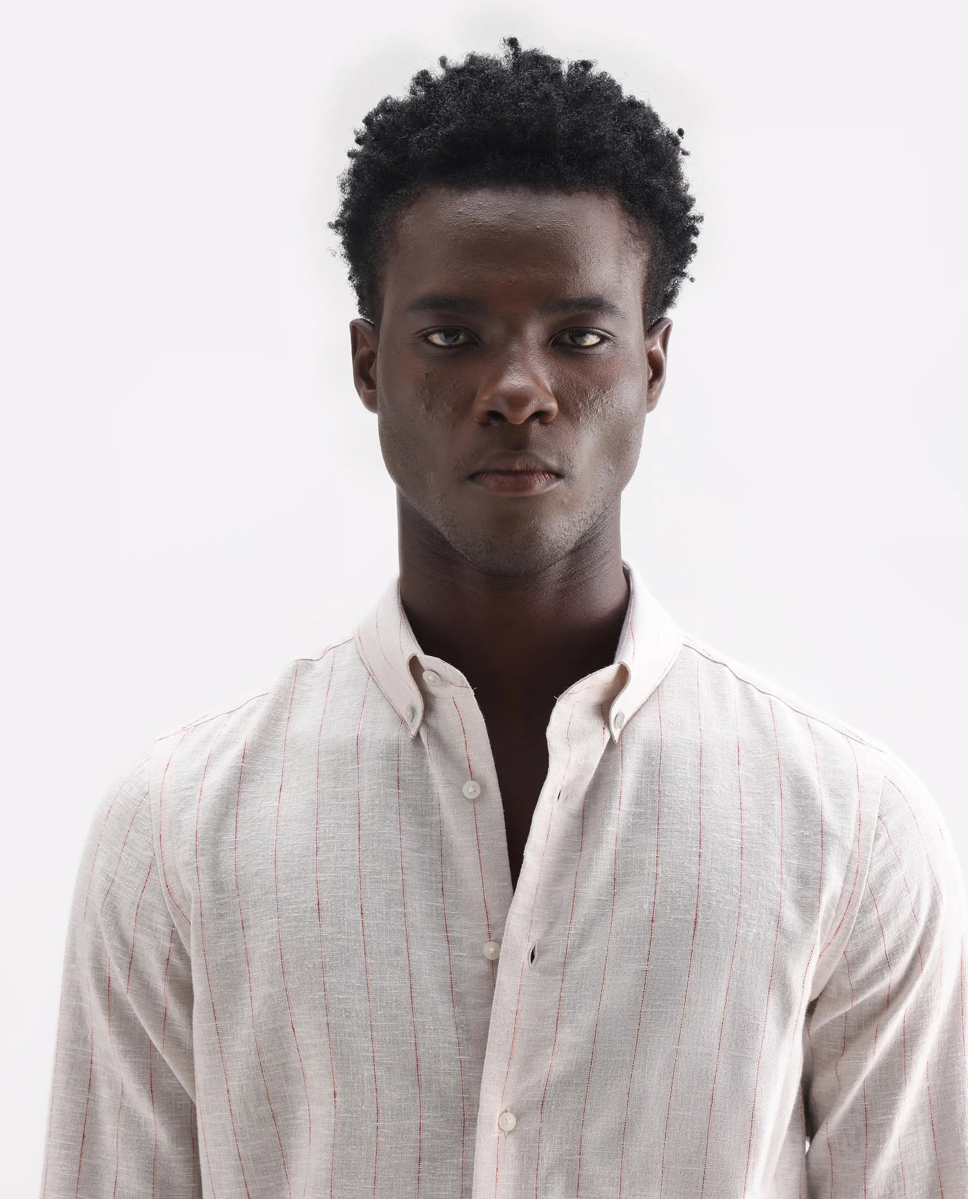 Rare Rabbit Men's Opis Off White Linen Blend Striped Print Regular Fit Full Sleeve Collared Shirt