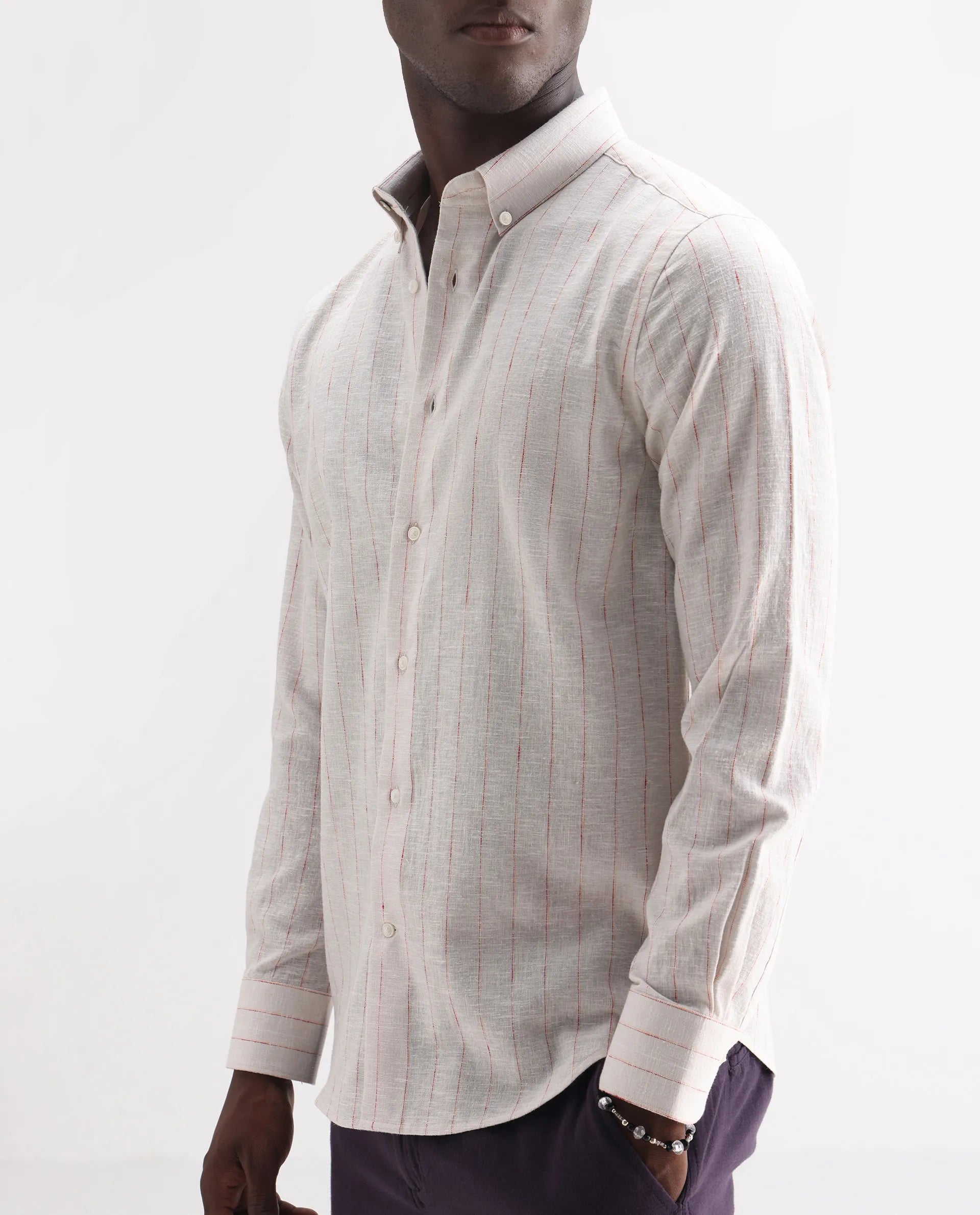 Rare Rabbit Men's Opis Off White Linen Blend Striped Print Regular Fit Full Sleeve Collared Shirt