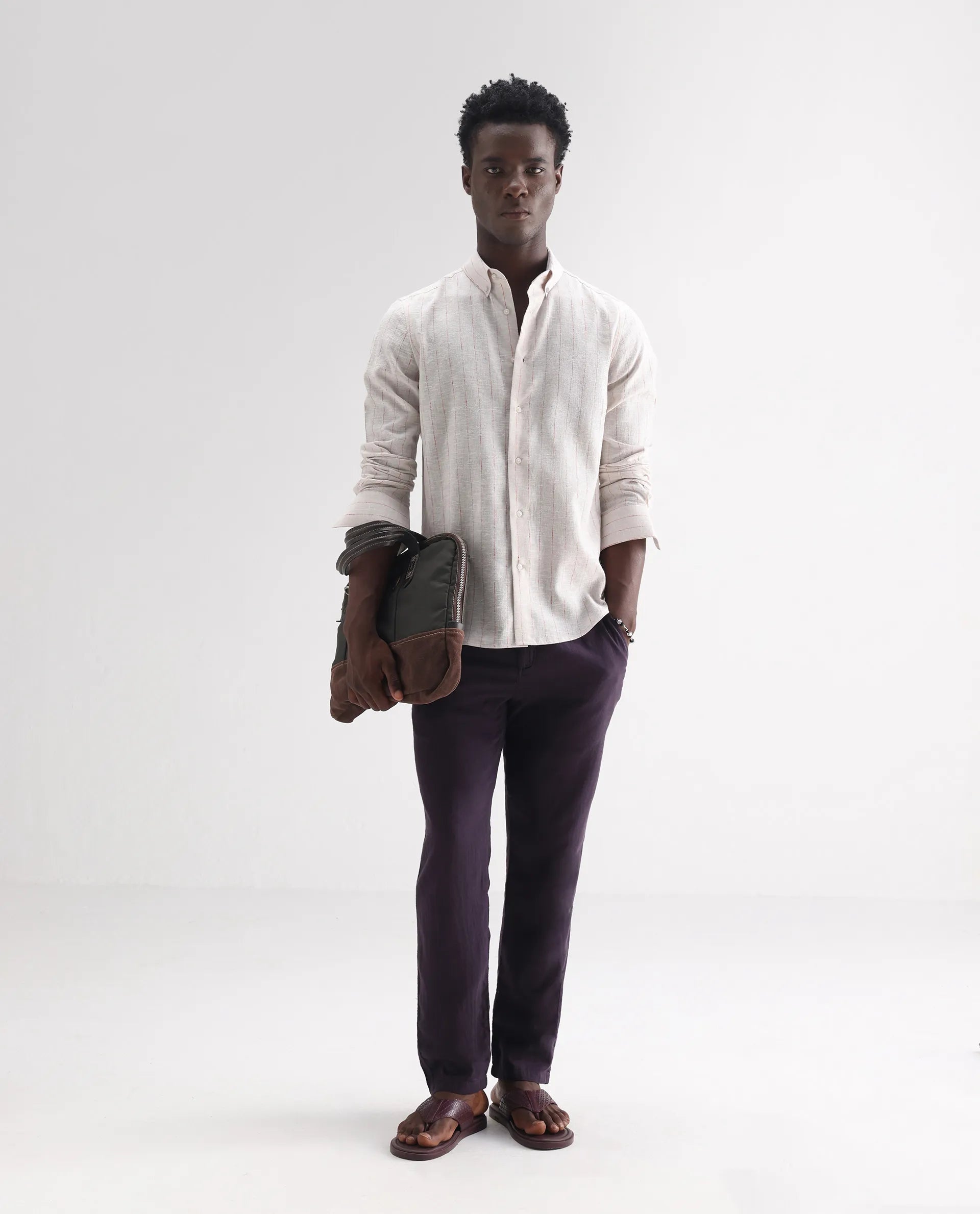 Rare Rabbit Men's Opis Off White Linen Blend Striped Print Regular Fit Full Sleeve Collared Shirt