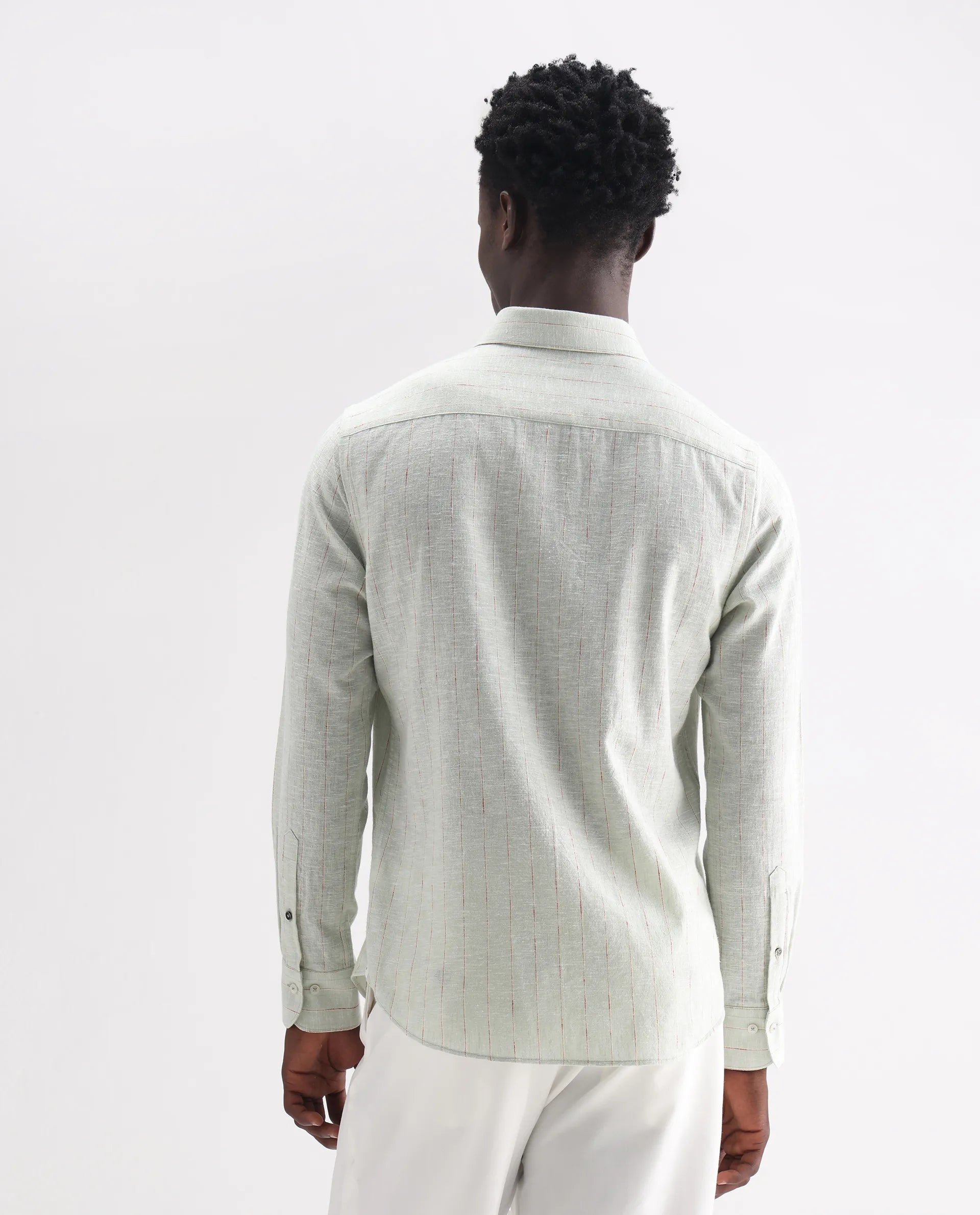 Rare Rabbit Men's Opis Sage Linen Blend Striped Print Regular Fit Full Sleeve Collared Shirt