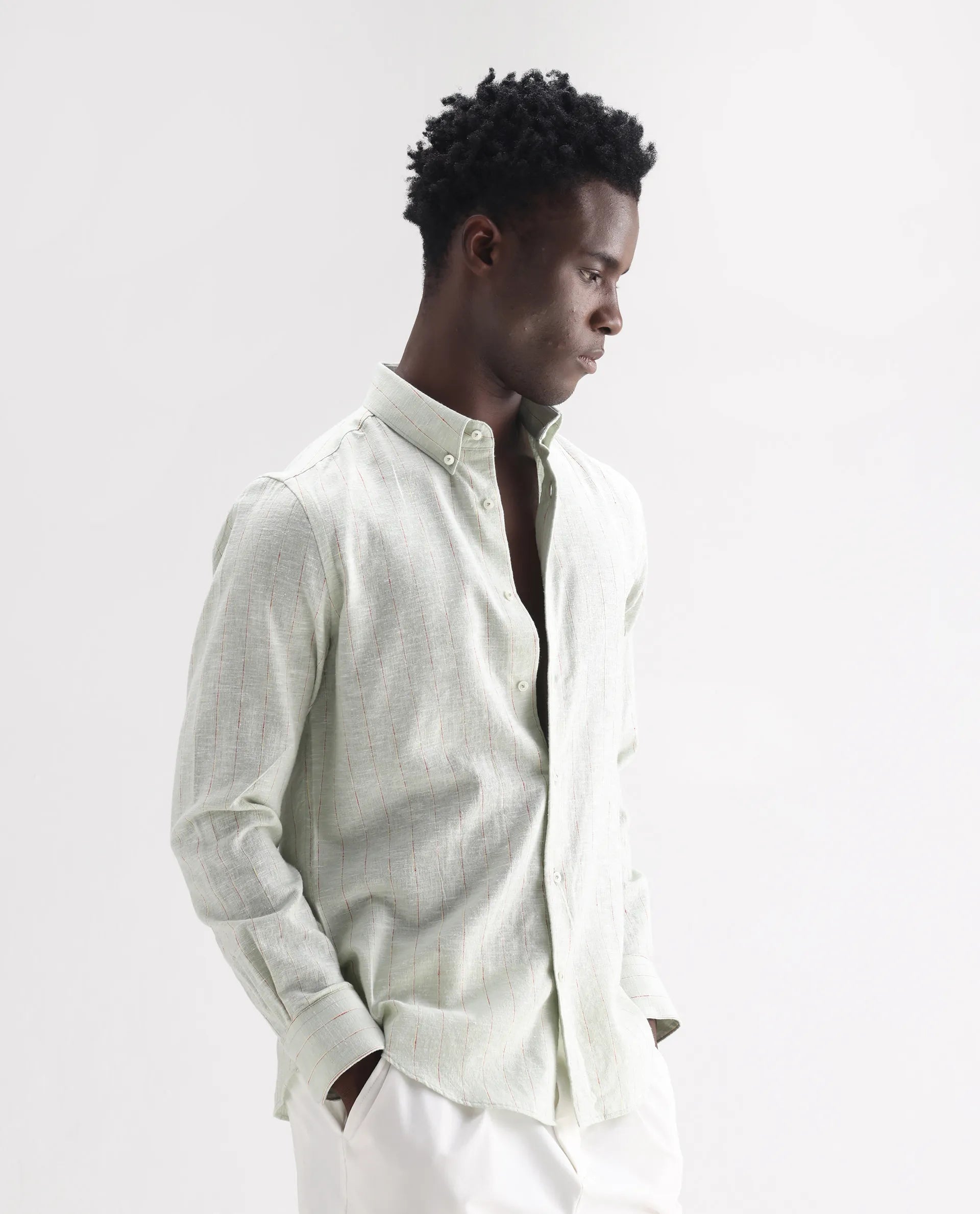 Rare Rabbit Men's Opis Sage Linen Blend Striped Print Regular Fit Full Sleeve Collared Shirt