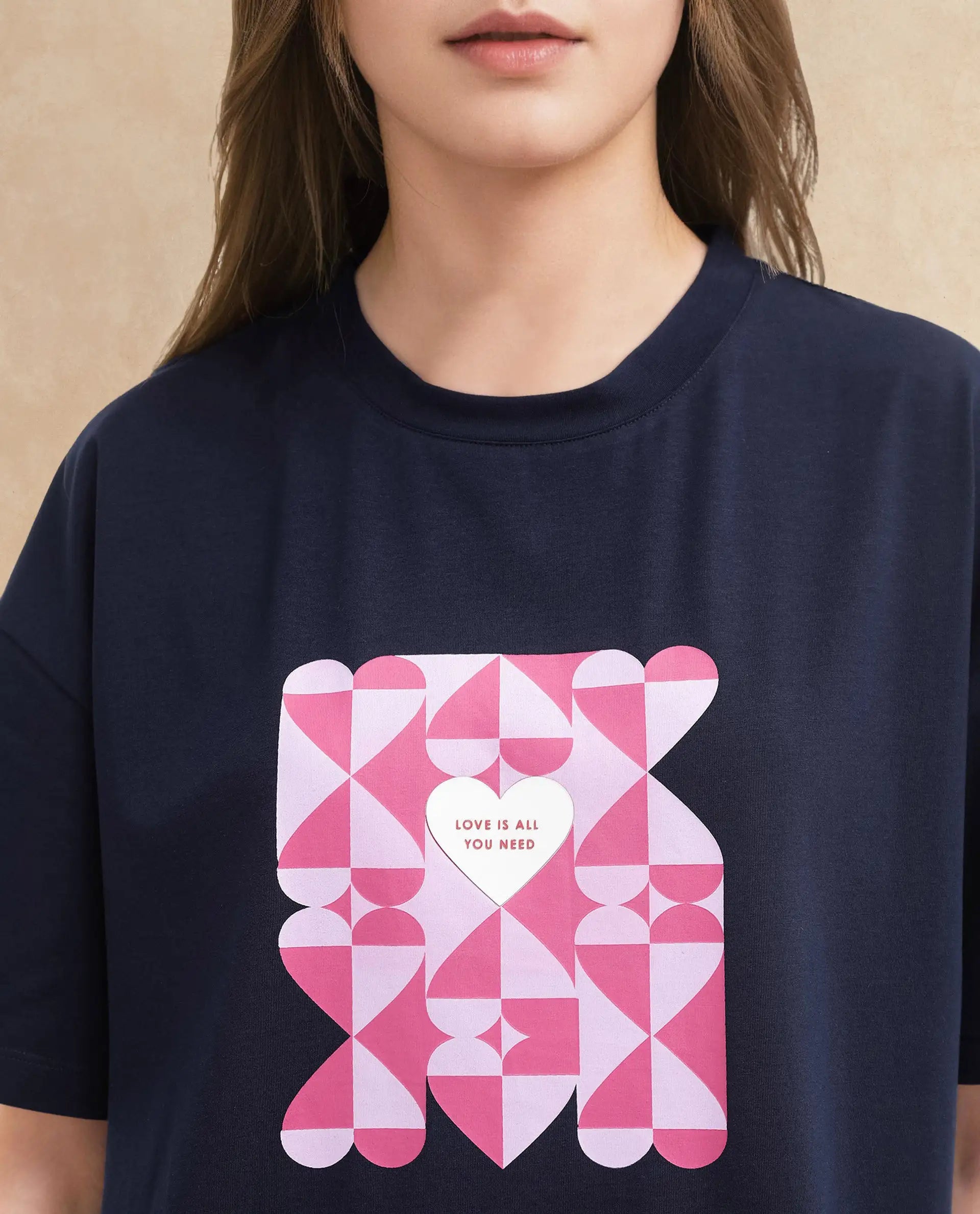 Rareism Women's Oppamen Dark Navy Cotton Blend Crew Neck Graphic Print Boxy Fit T-Shirt