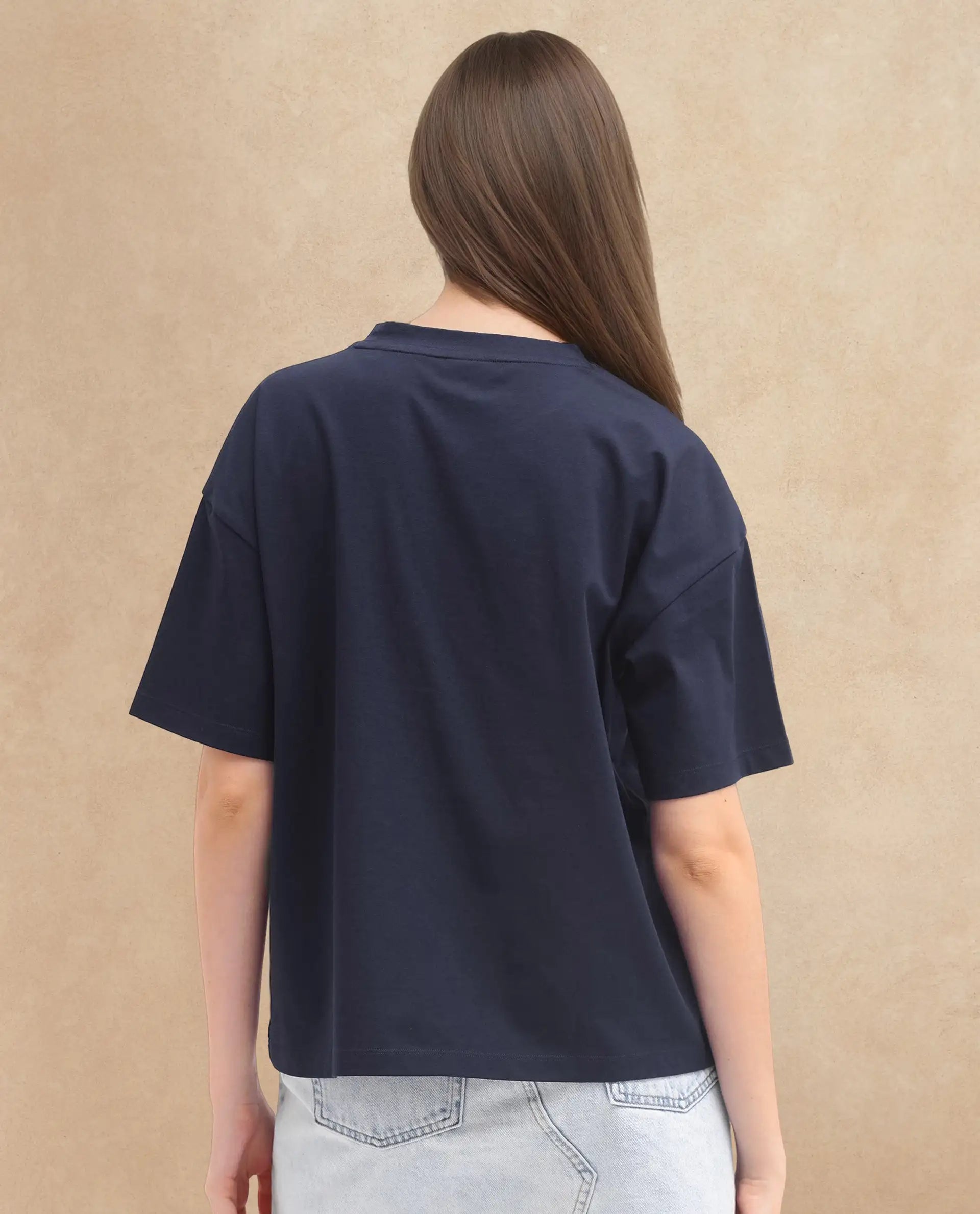 Rareism Women's Oppamen Dark Navy Cotton Blend Crew Neck Graphic Print Boxy Fit T-Shirt