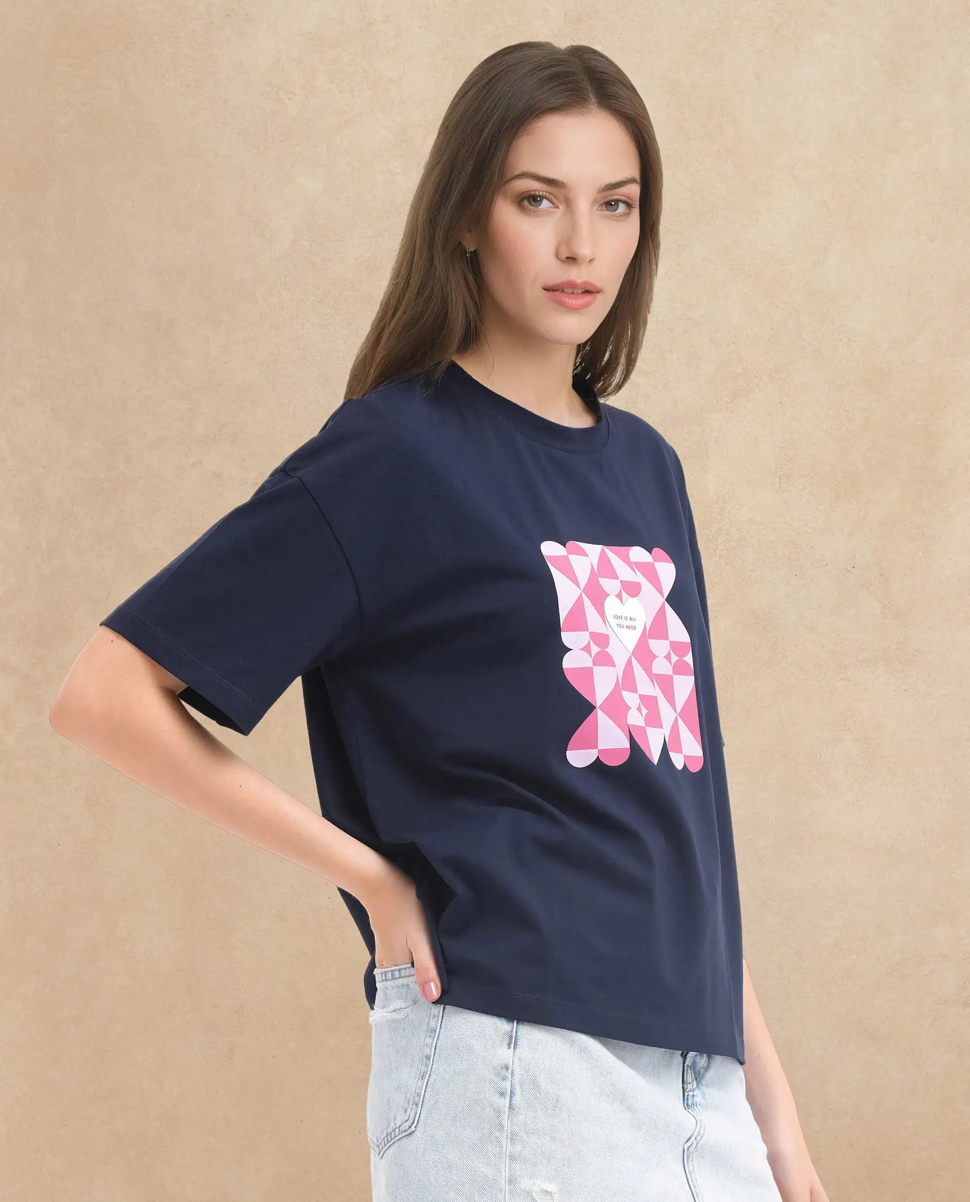 Rareism Women's Oppamen Dark Navy Cotton Blend Crew Neck Graphic Print Boxy Fit T-Shirt