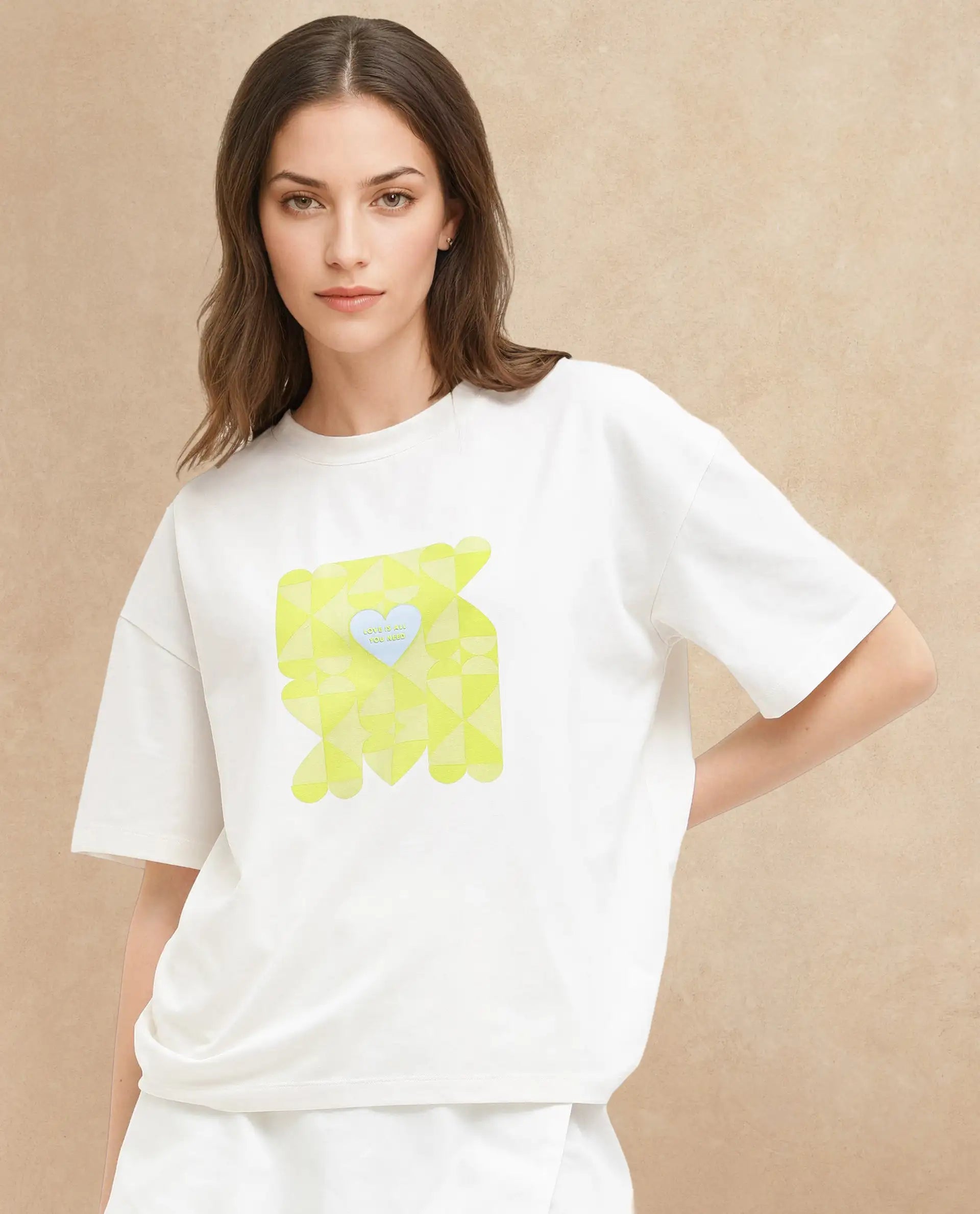 Rareism Women's Oppamen Off White Cotton Blend Crew Neck Graphic Print Boxy Fit T-Shirt