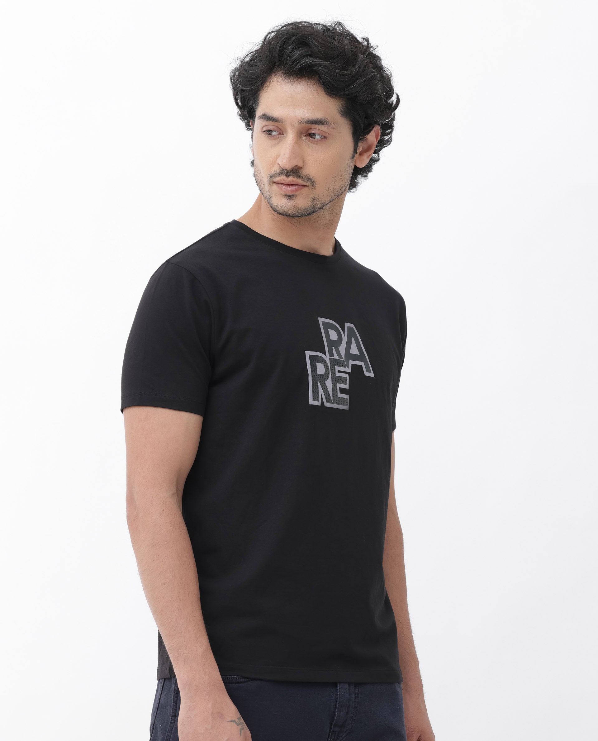 Rare Rabbit Mens Oran Black Cotton Polyester Fabric Short Sleeve Regular Fit Graphic Printed T-Shirt