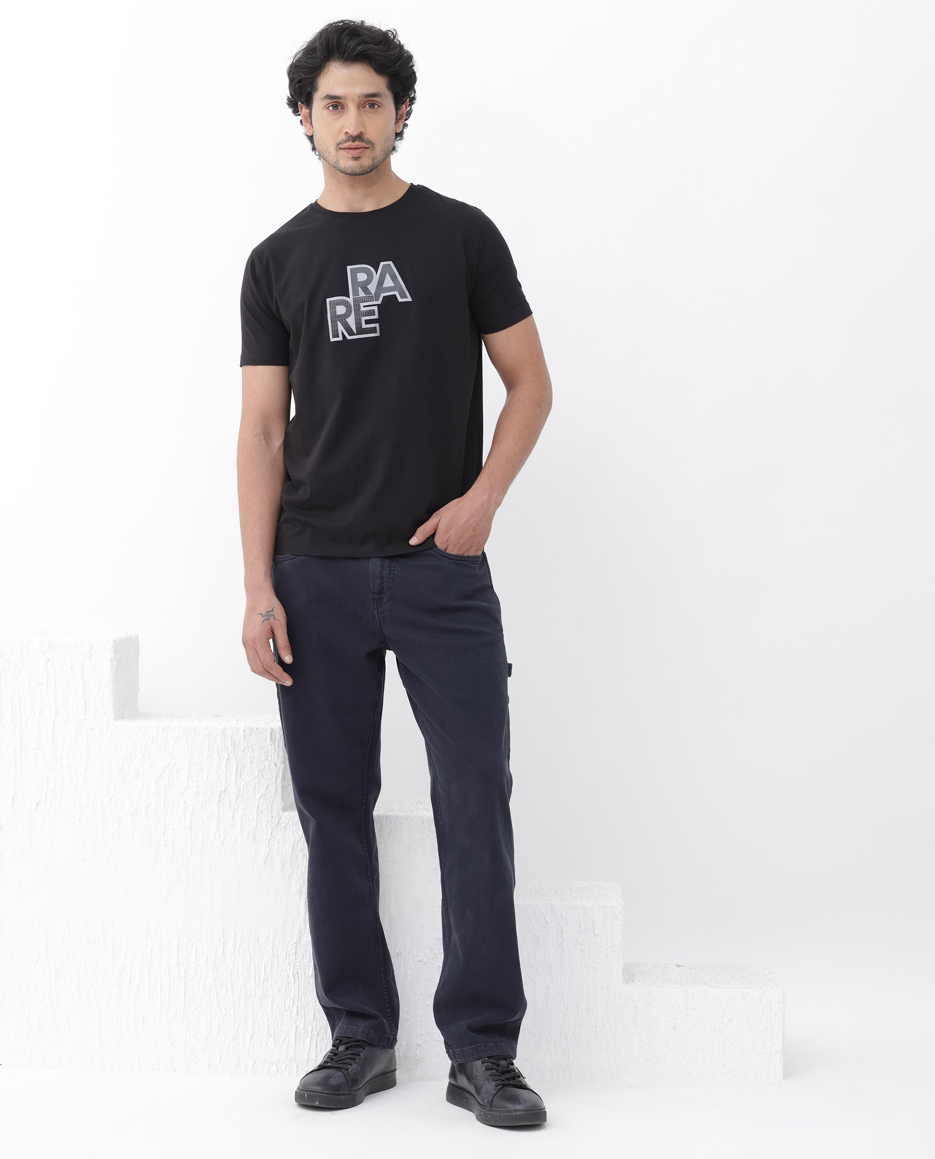 Rare Rabbit Mens Oran Black Cotton Polyester Fabric Short Sleeve Regular Fit Graphic Printed T-Shirt