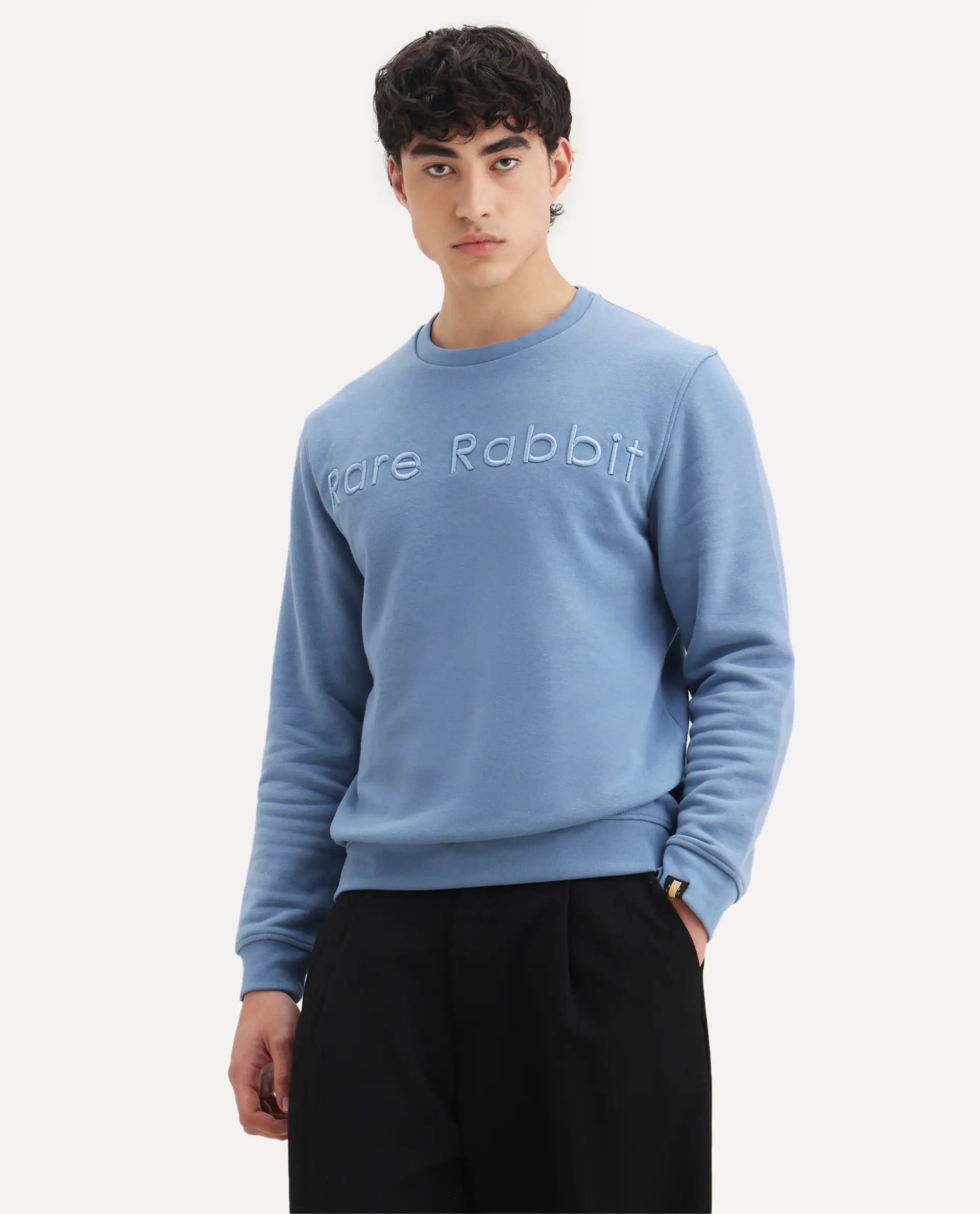Rare Rabbit Men's Oranj Blue Cotton Embroidered Relaxed Fit Full Sleeve Crew Neck Sweatshirt