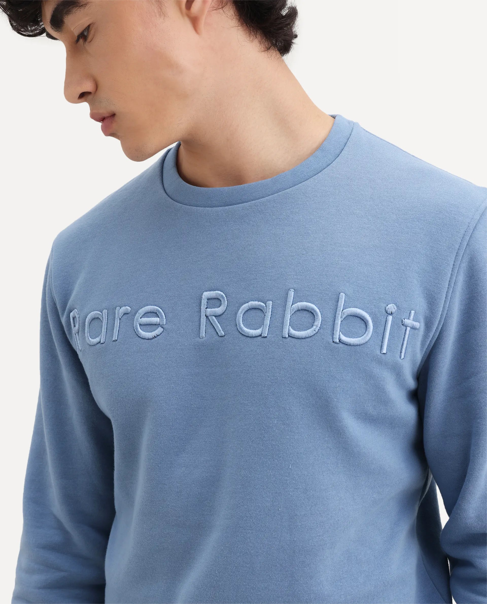 Rare Rabbit Men's Oranj Blue Cotton Embroidered Relaxed Fit Full Sleeve Crew Neck Sweatshirt