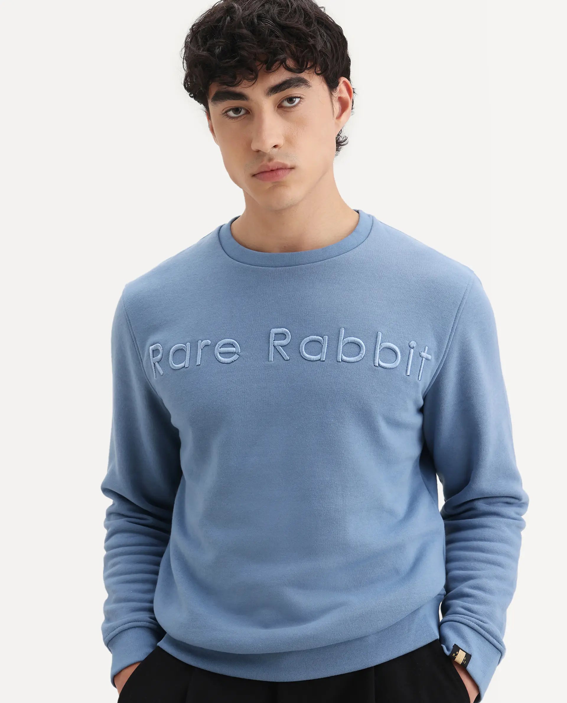 Rare Rabbit Men's Oranj Blue Cotton Embroidered Relaxed Fit Full Sleeve Crew Neck Sweatshirt