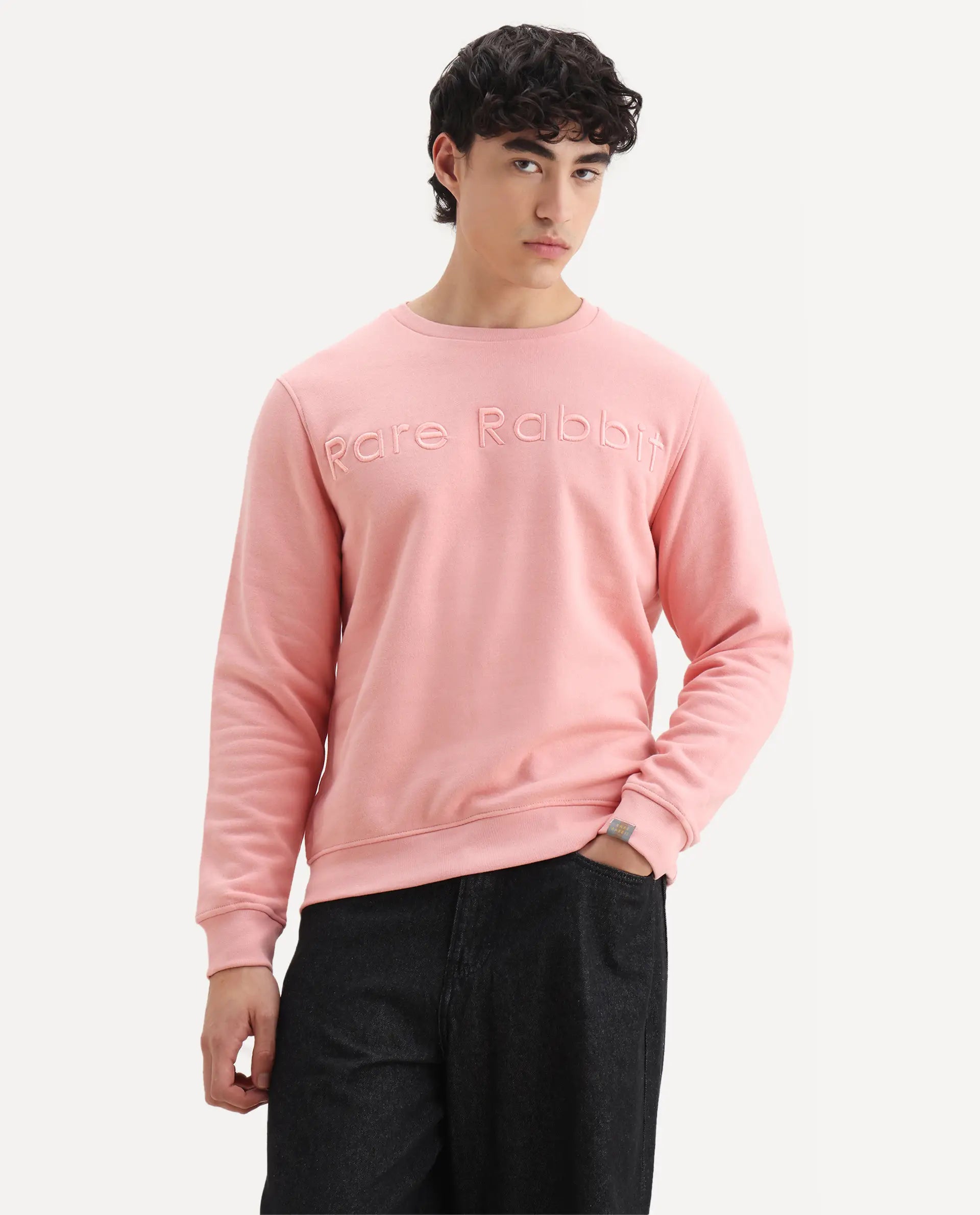 Rare Rabbit Men's Oranj Orange Cotton Embroidered Relaxed Fit Full Sleeve Crew Neck Sweatshirt