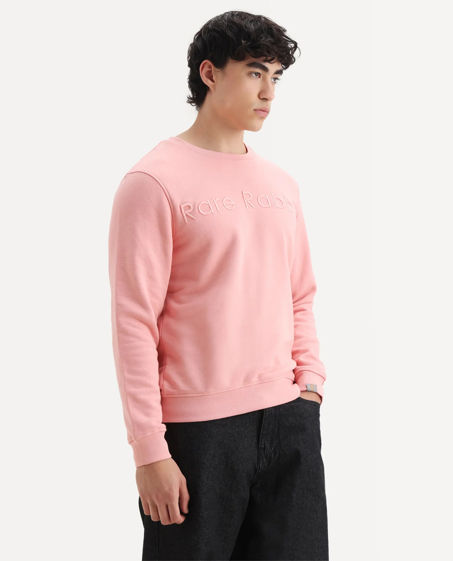 Rare Rabbit Men's Oranj Orange Cotton Embroidered Relaxed Fit Full Sleeve Crew Neck Sweatshirt