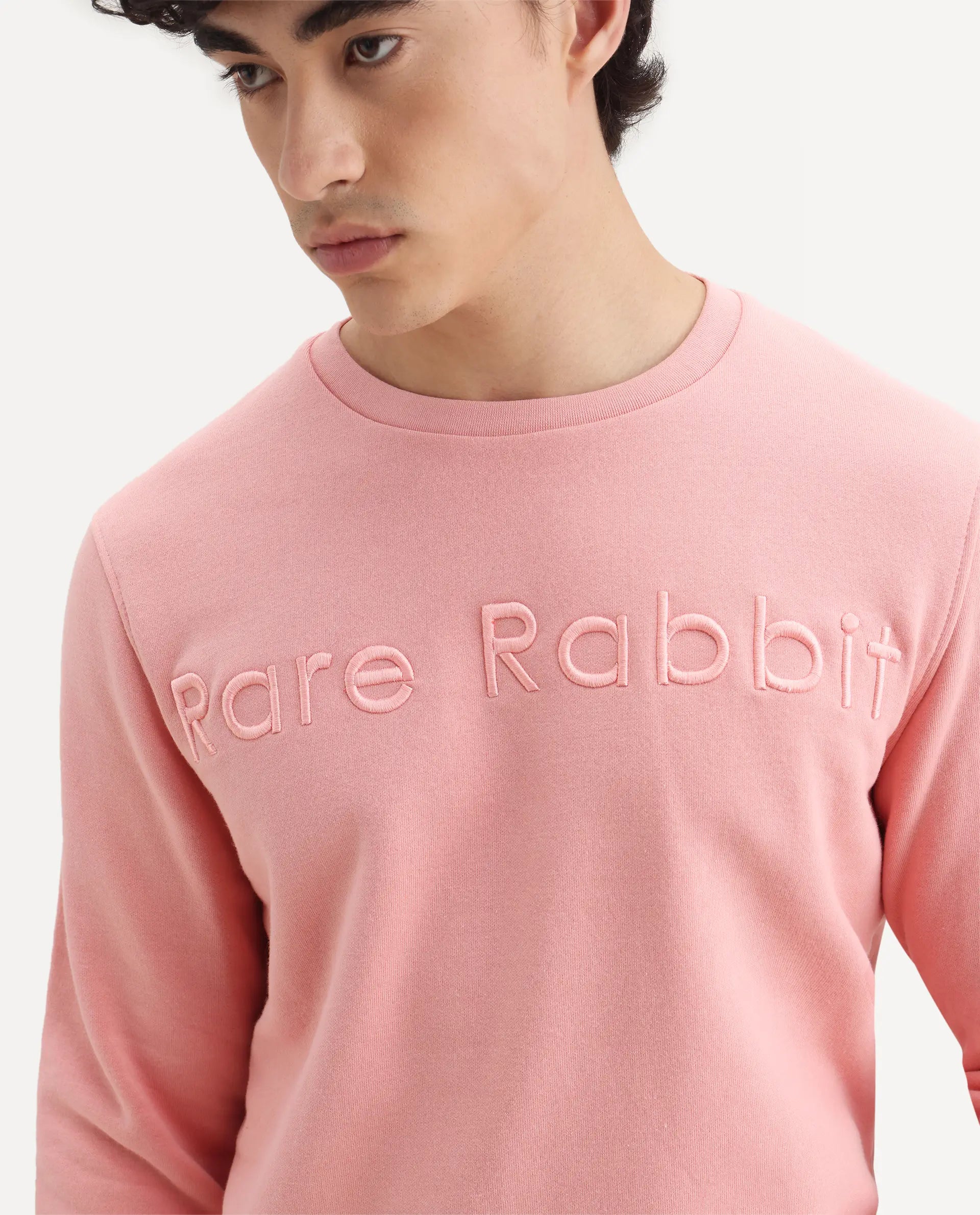 Rare Rabbit Men's Oranj Orange Cotton Embroidered Relaxed Fit Full Sleeve Crew Neck Sweatshirt