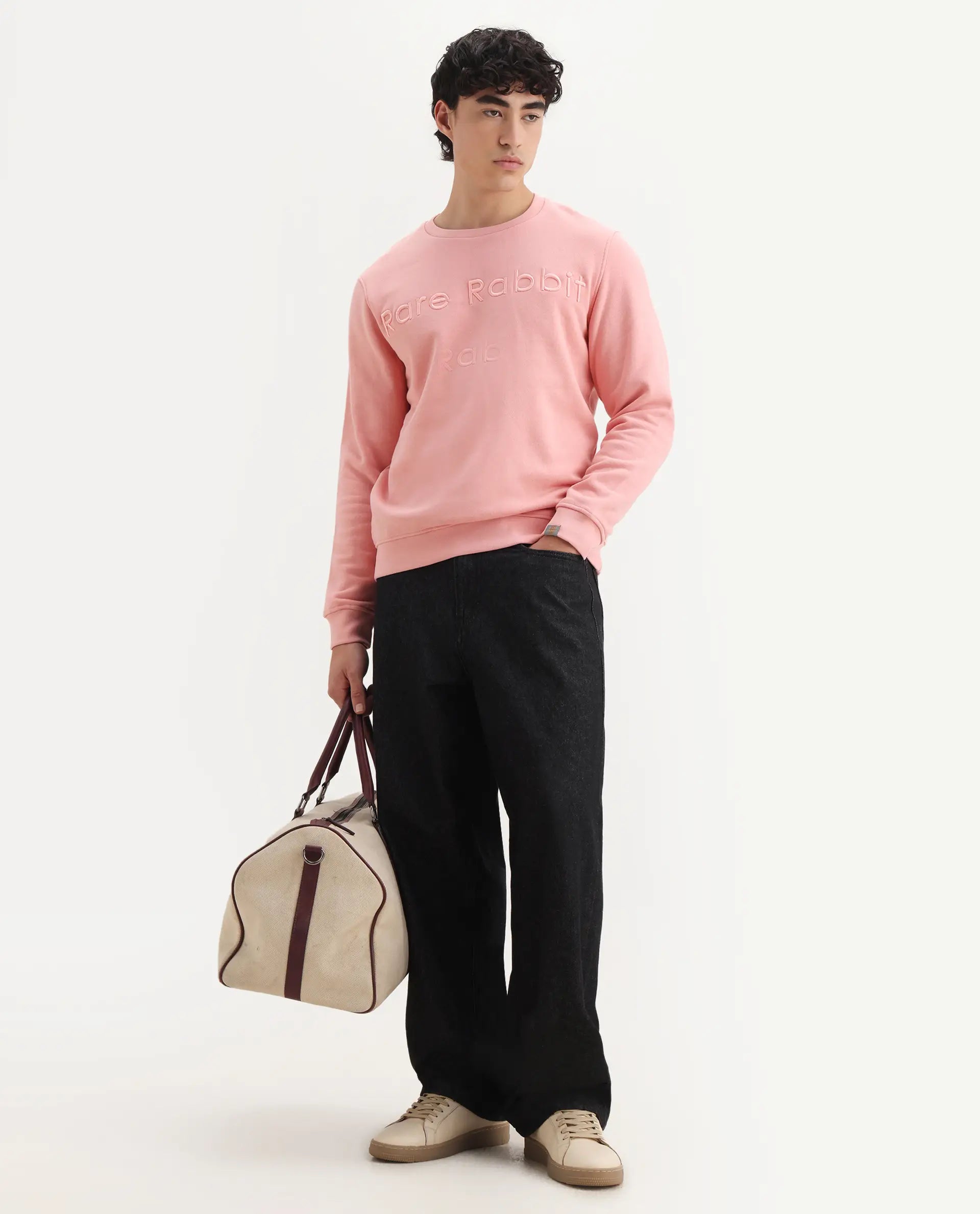 Rare Rabbit Men's Oranj Orange Cotton Embroidered Relaxed Fit Full Sleeve Crew Neck Sweatshirt