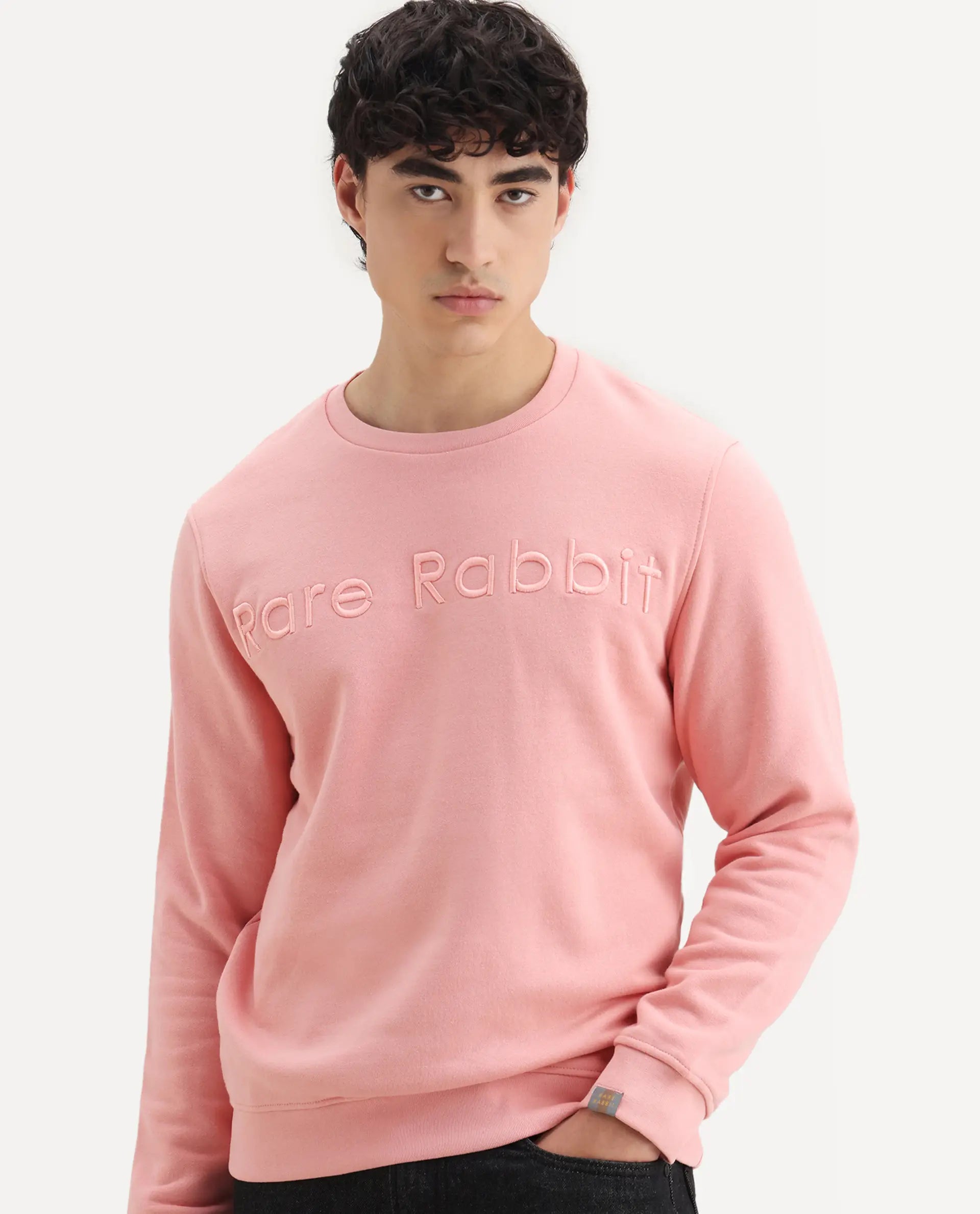 Rare Rabbit Men's Oranj Orange Cotton Embroidered Relaxed Fit Full Sleeve Crew Neck Sweatshirt