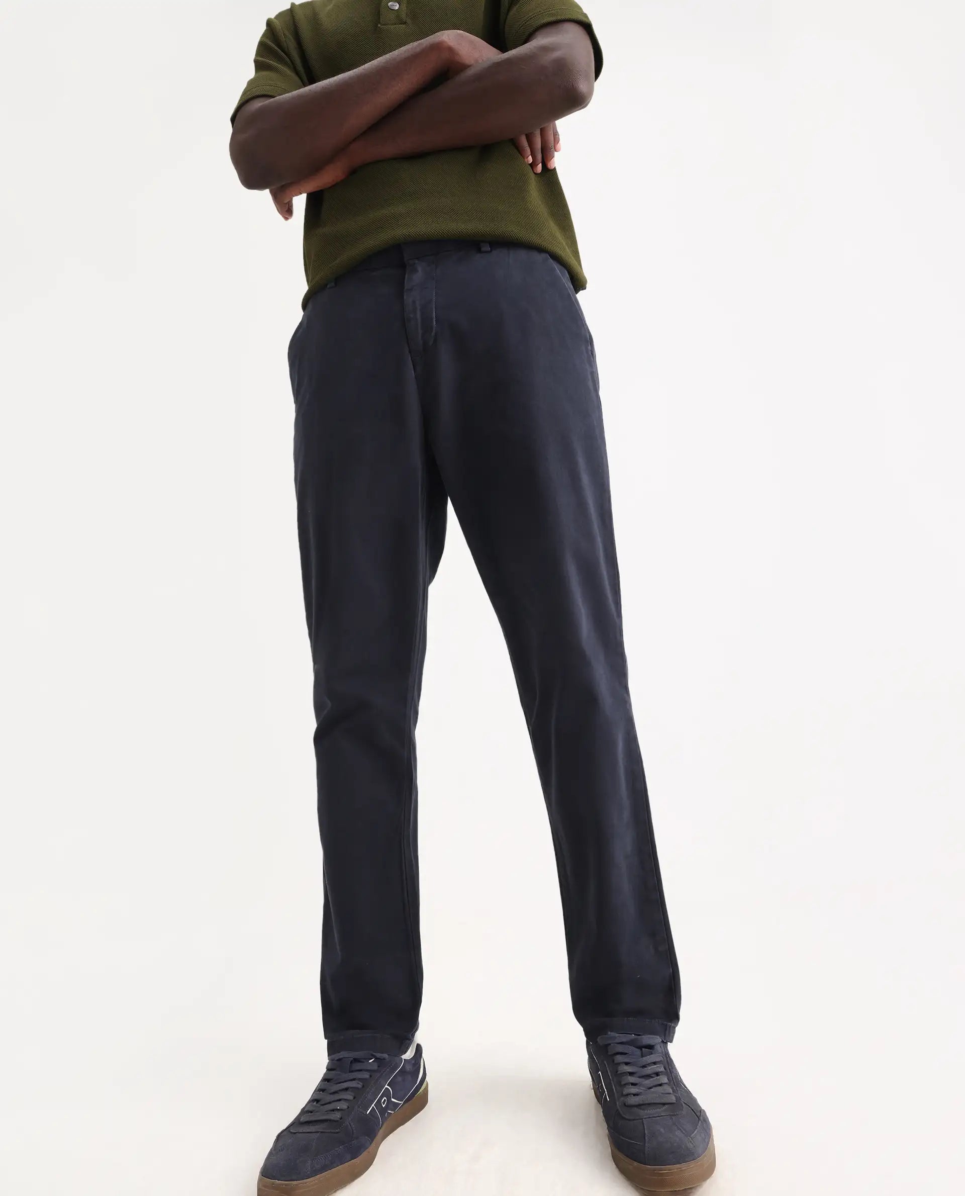 Rare Rabbit Men's Orany Navy Cotton Plain Regular Fit Trouser