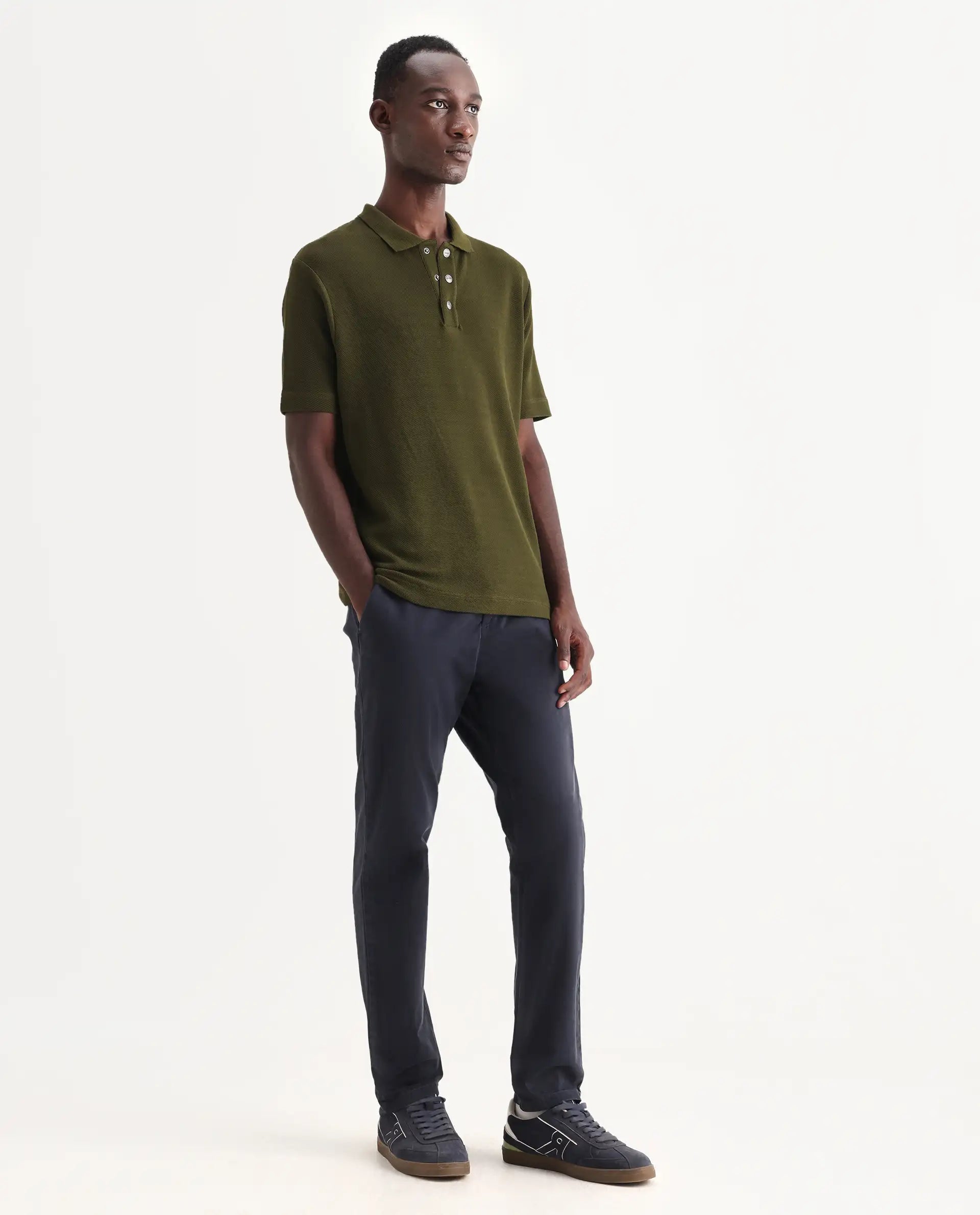 Rare Rabbit Men's Orany Navy Cotton Plain Regular Fit Trouser