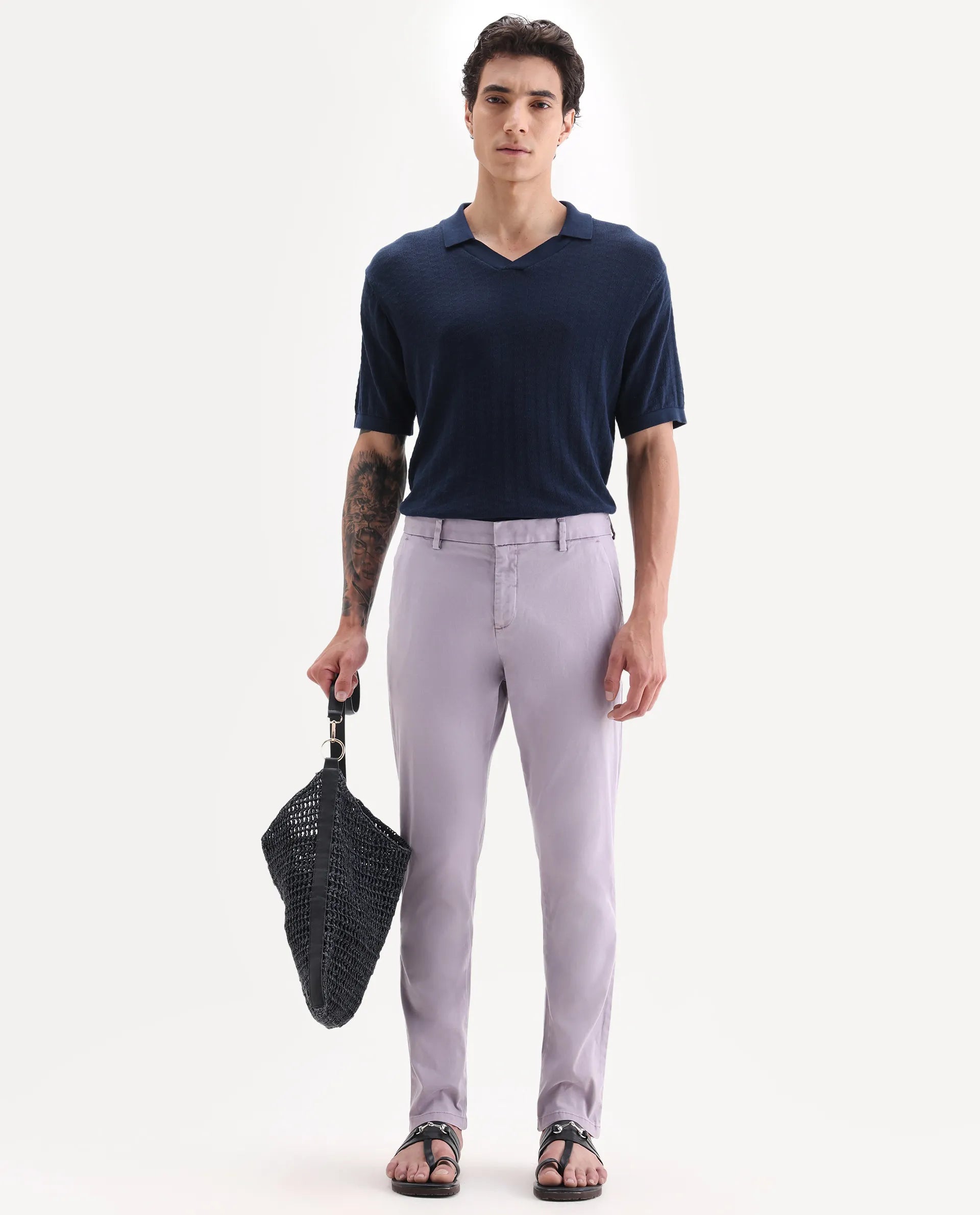 Rare Rabbit Men's Orany Pastel Purple Cotton Plain Regular Fit Trouser