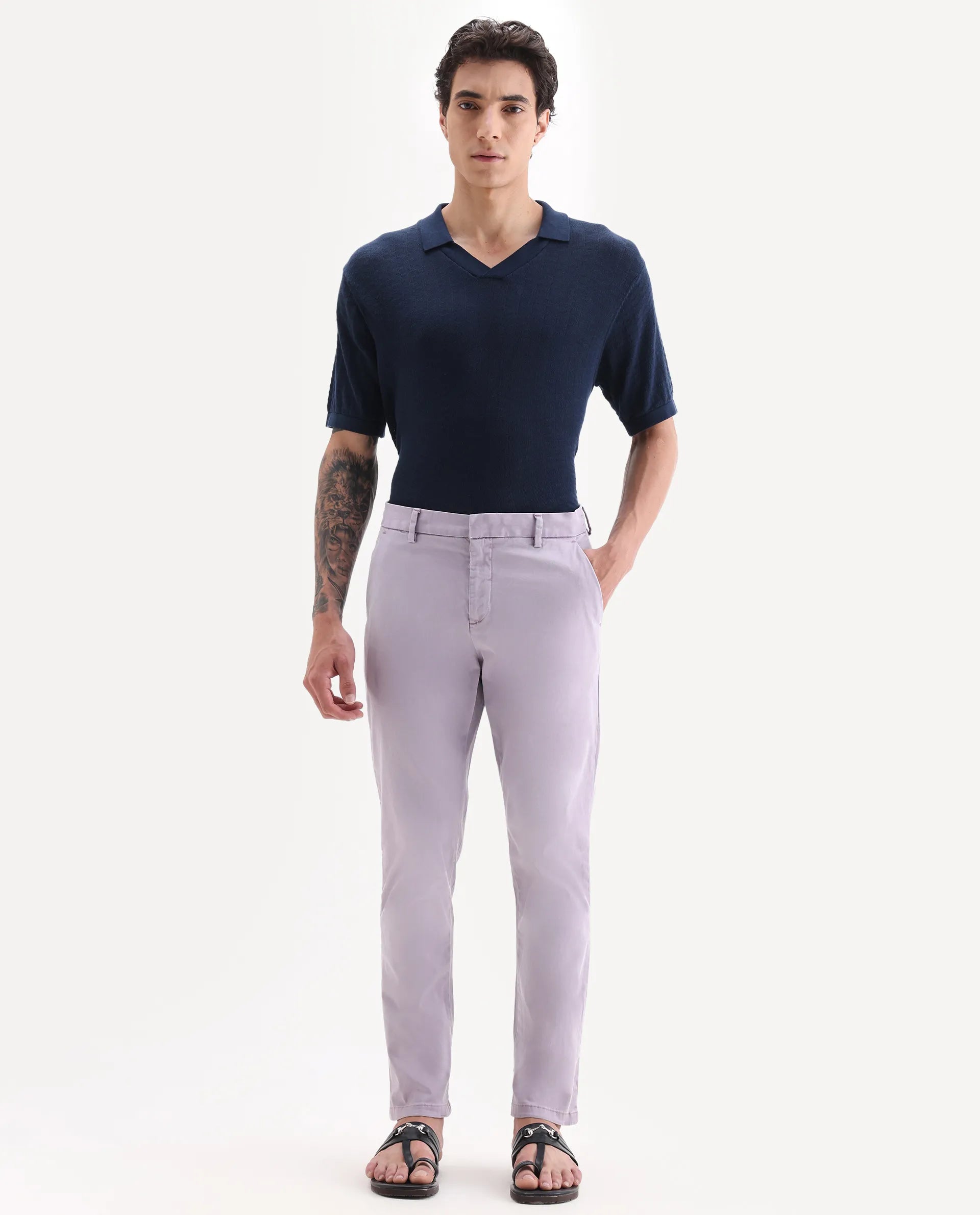Rare Rabbit Men's Orany Pastel Purple Cotton Plain Regular Fit Trouser