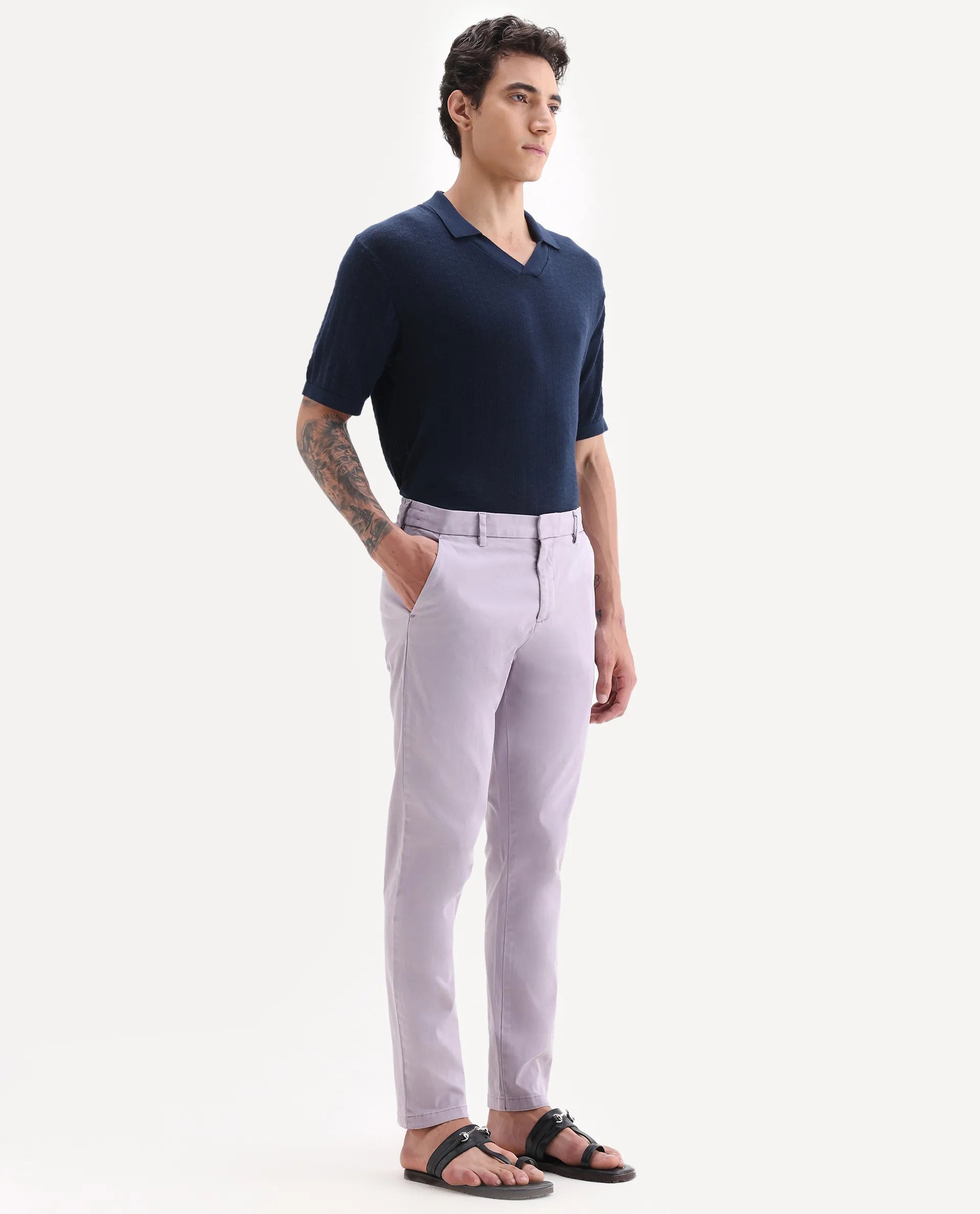 Rare Rabbit Men's Orany Pastel Purple Cotton Plain Regular Fit Trouser