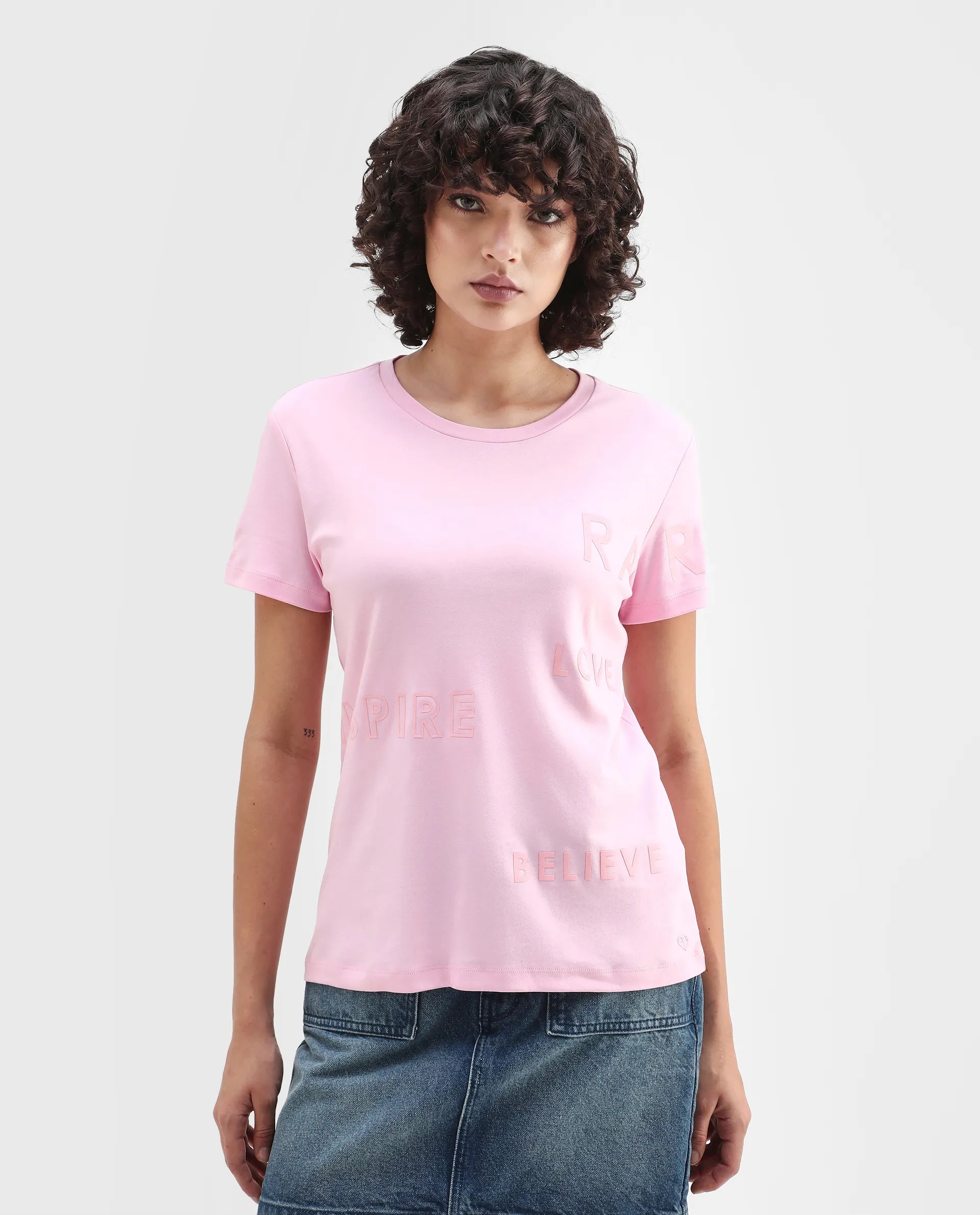 Rareism Women's Oratio Purple Cotton Crew Neck Flock Print Regular Fit T-Shirt