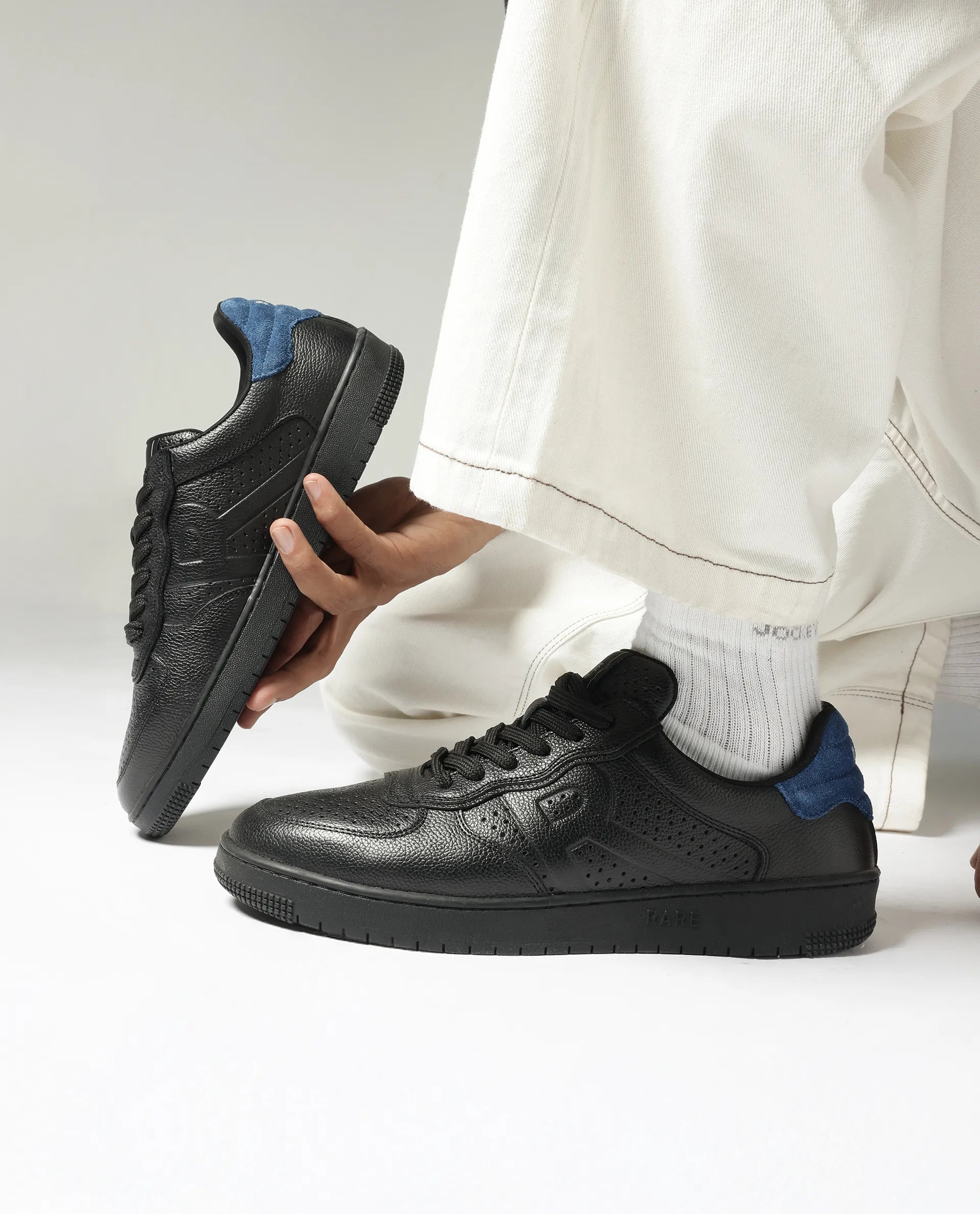 Rare Rabbit Men's Orbiton Black Milled Leather Perforated Details Low-Top Lace-Up Monotone Sneaker Shoes