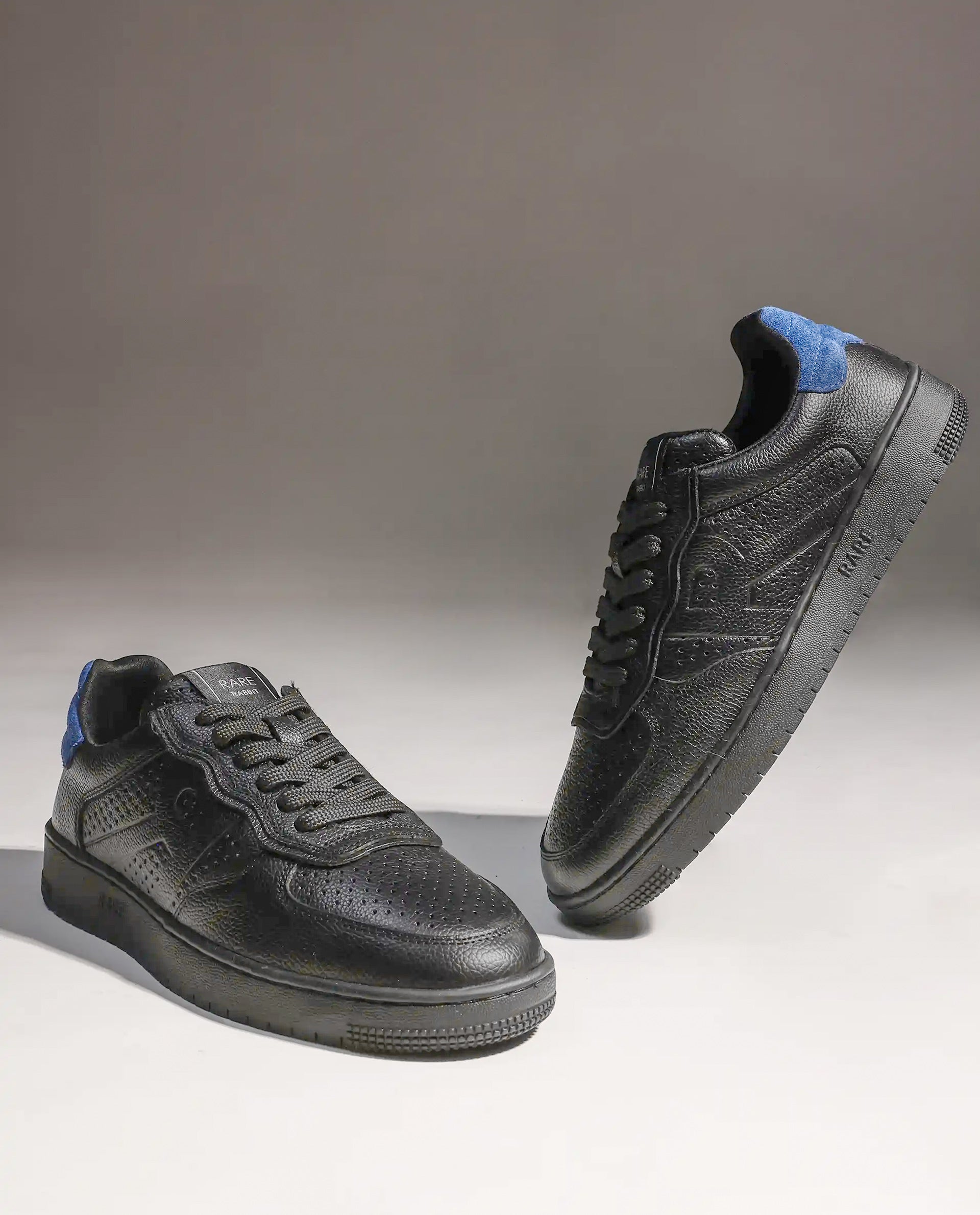 Rare Rabbit Men's Orbiton Black Milled Leather Perforated Details Low-Top Lace-Up Monotone Sneaker Shoes