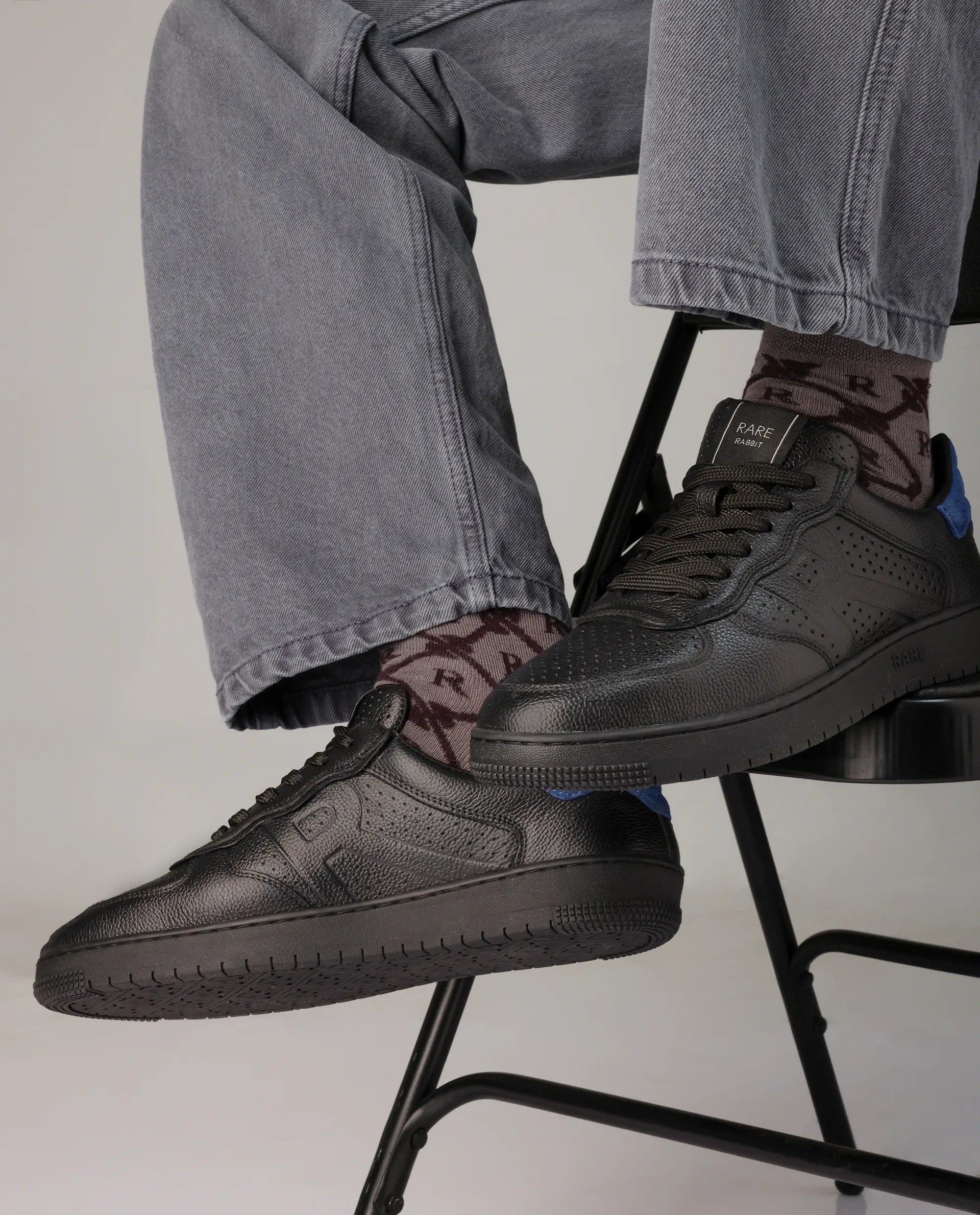 Rare Rabbit Men's Orbiton Black Milled Leather Perforated Details Low-Top Lace-Up Monotone Sneaker Shoes