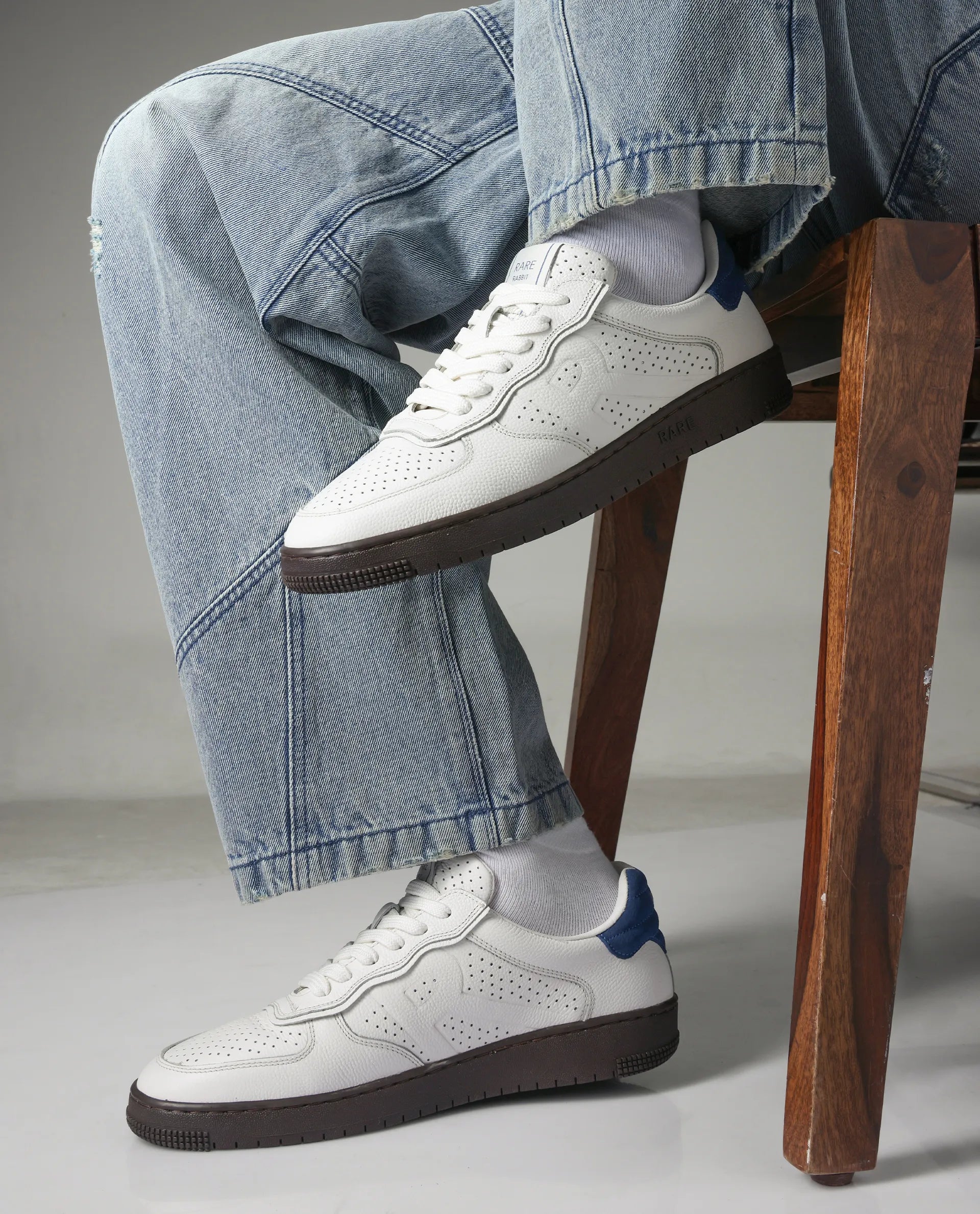 Rare Rabbit Men's Orbiton Off White Milled Leather Perforated Details Low-Top Lace-Up Monotone Sneaker Shoes