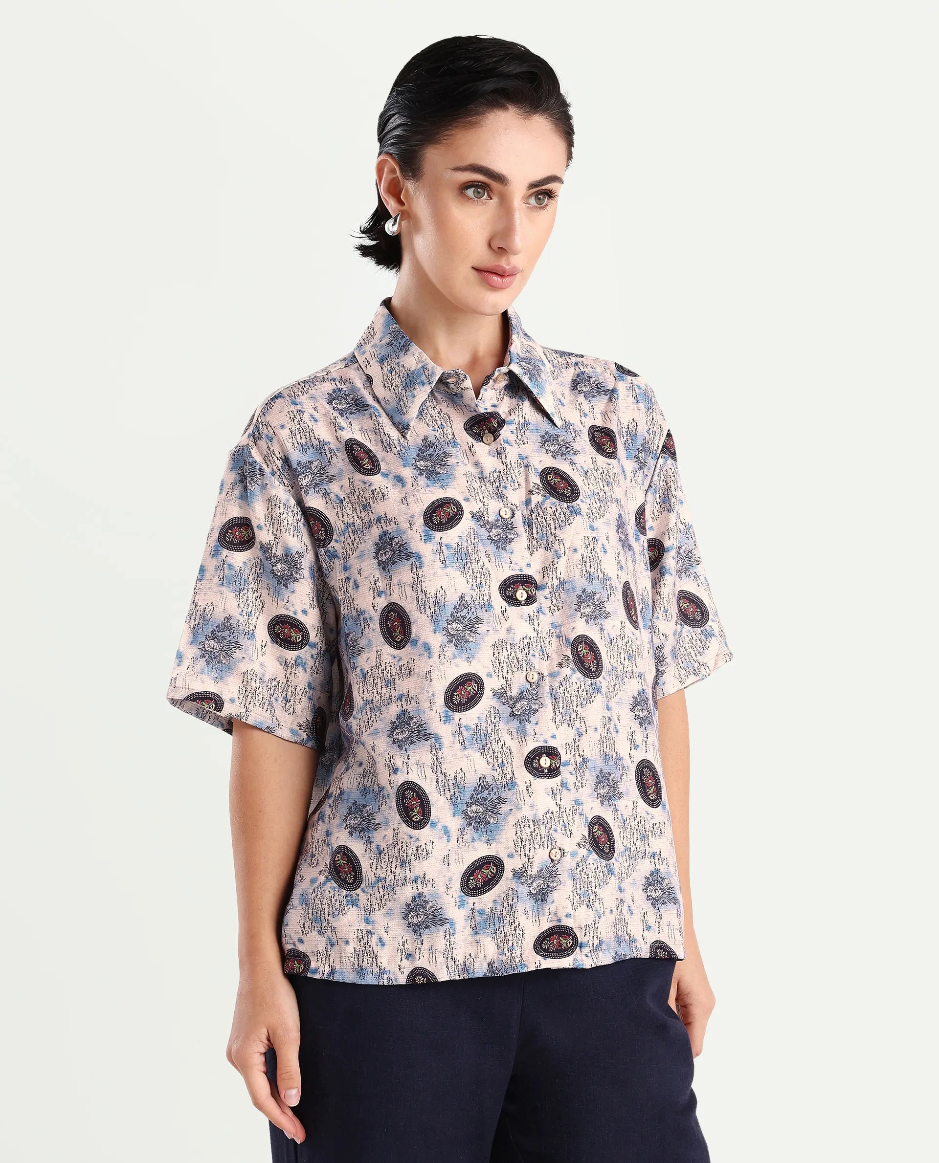 Rareism Women's Orchard Off White Viscose Blend Spread Collar Abstract Print Boxy Fit Top