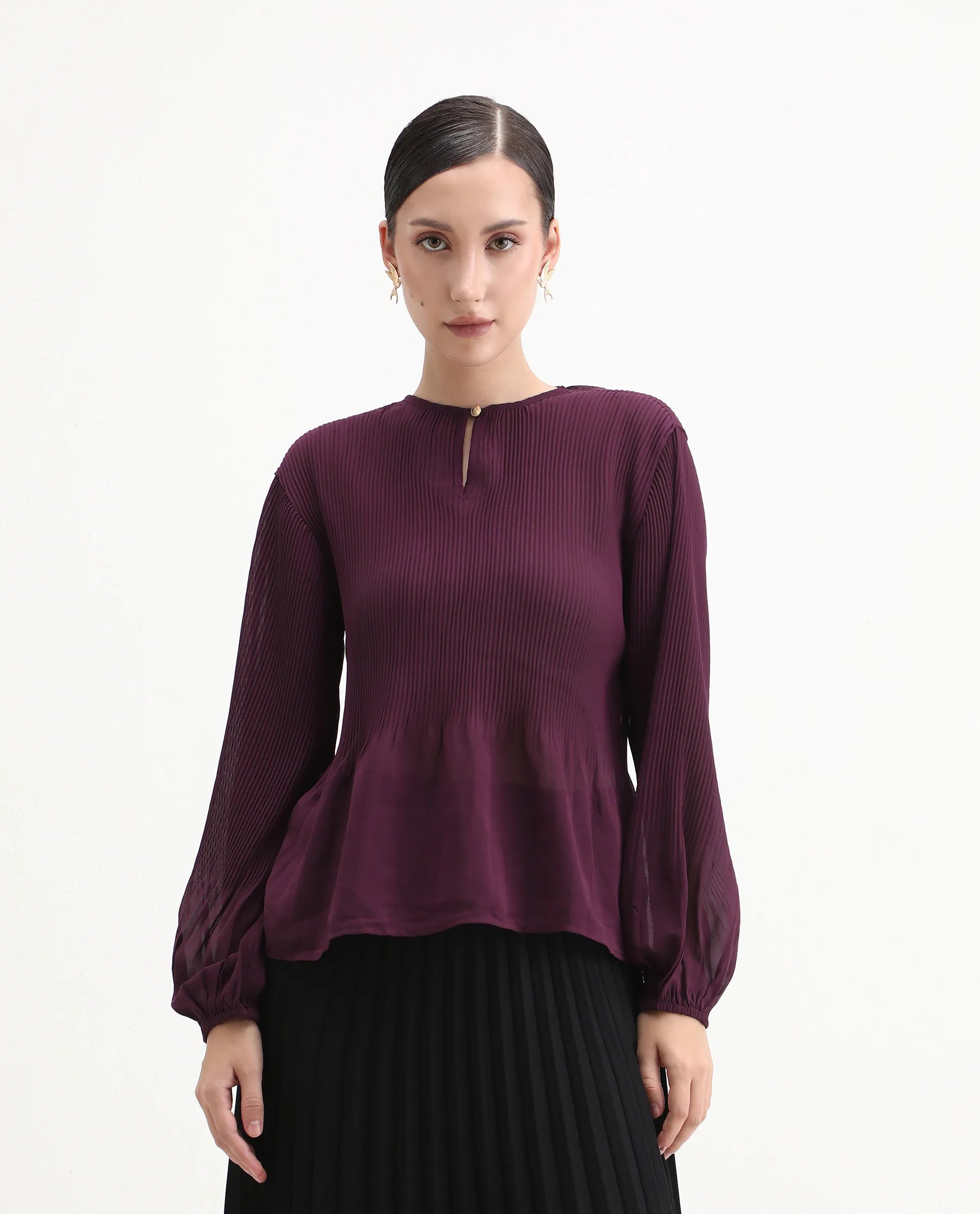 Rareism Women's Ordu Purple Polyester Mandarin Collar Plain Regular Fit Top