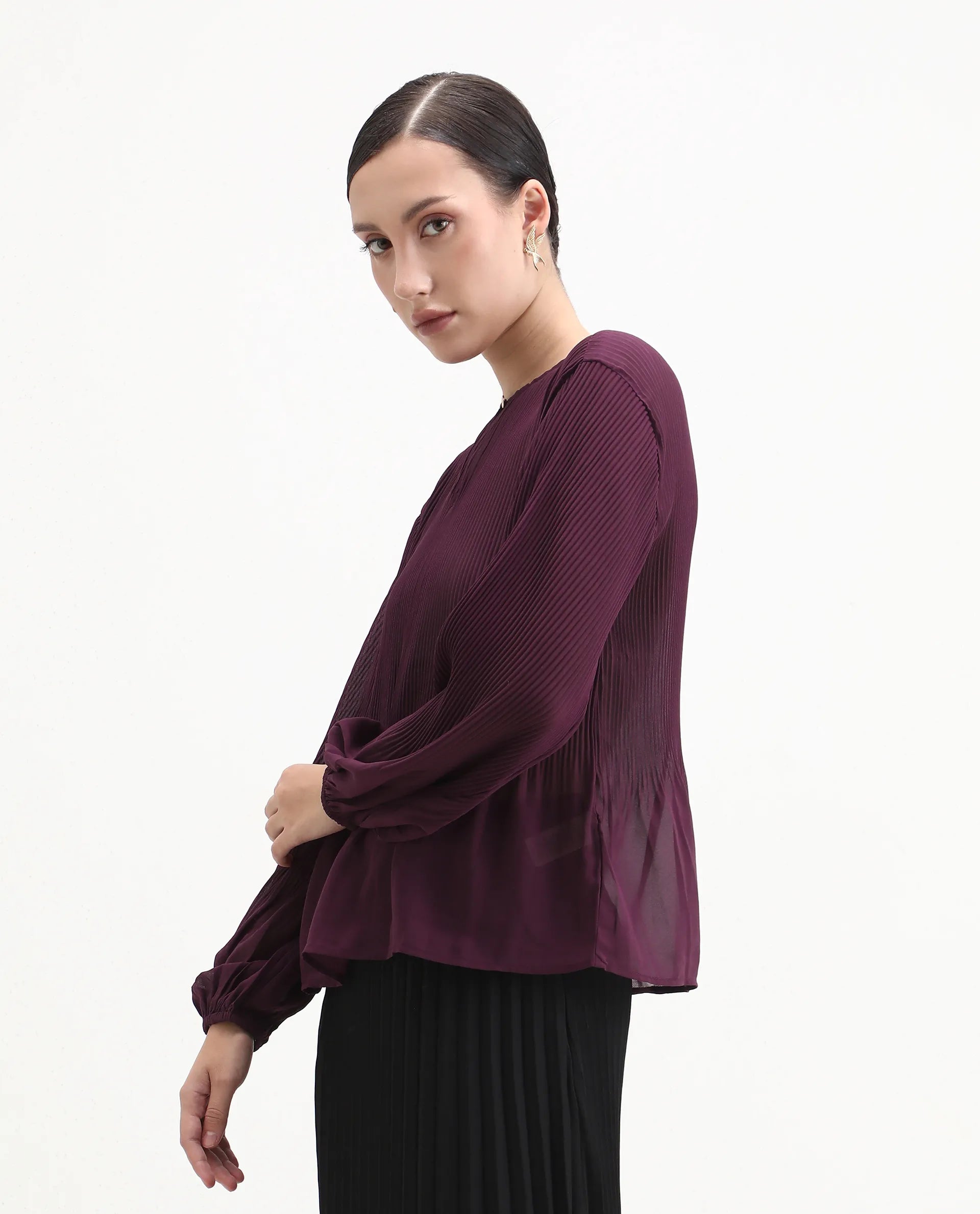 Rareism Women's Ordu Purple Polyester Mandarin Collar Plain Regular Fit Top