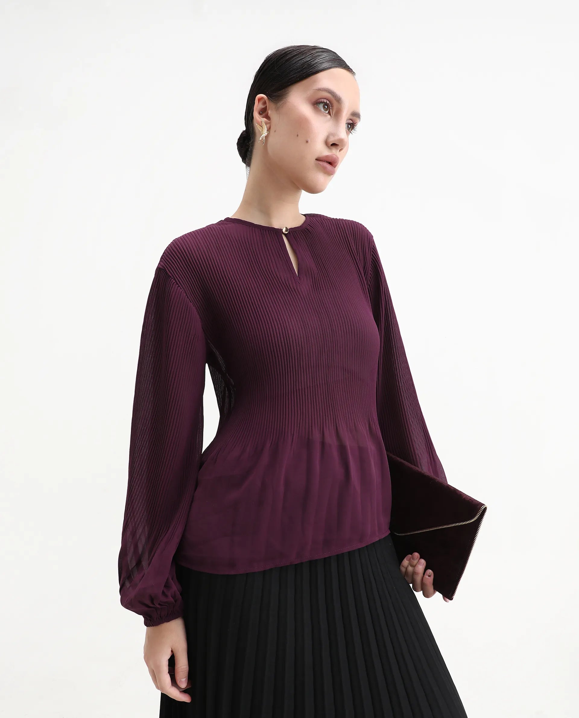 Rareism Women's Ordu Purple Polyester Mandarin Collar Plain Regular Fit Top