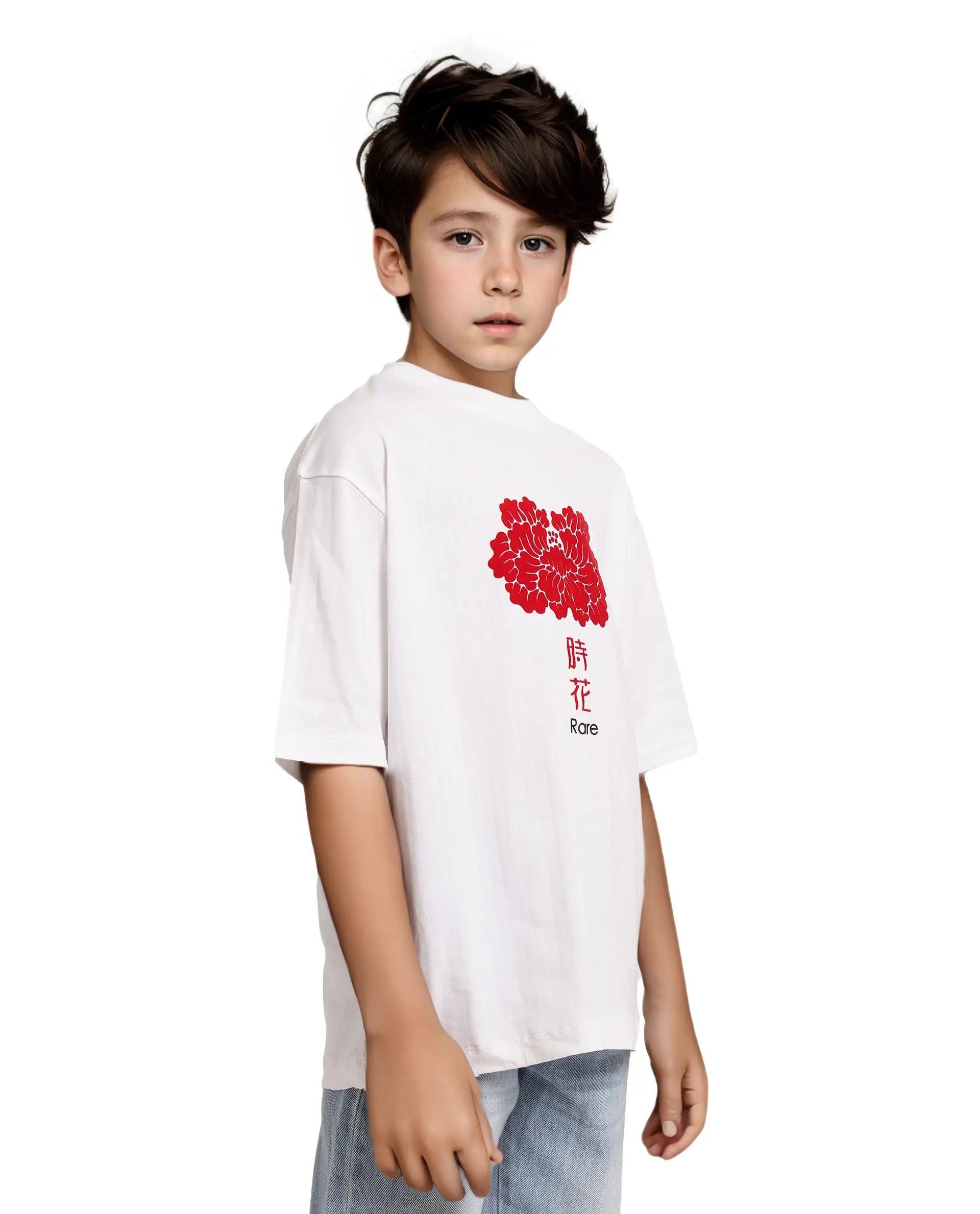 Rare Ones Kids Orel White Cotton Half Sleeves Oversized Fit Crew Neck Graphic Print T-Shirt