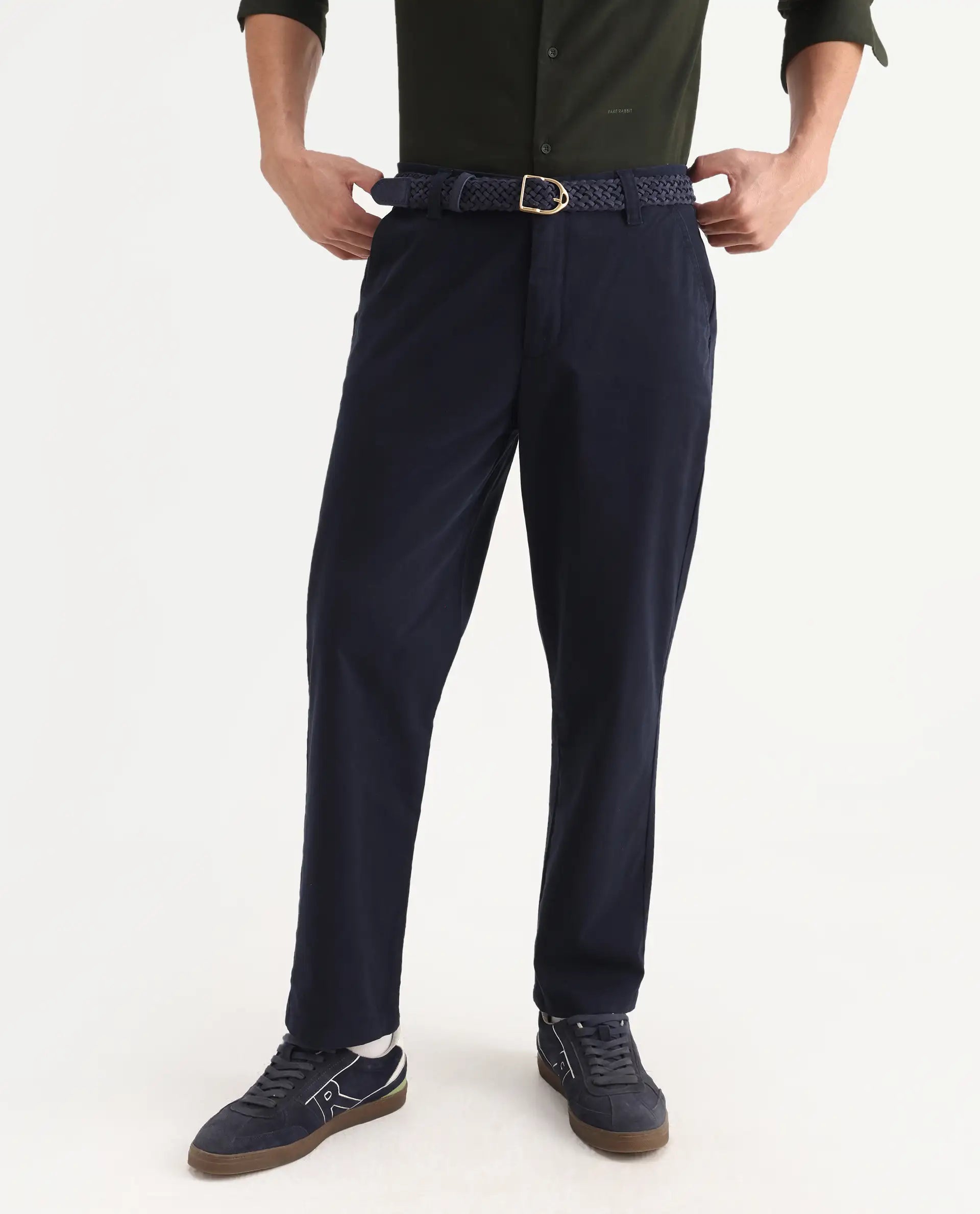 Rare Rabbit Men's Oren Navy Cotton Plain Straight Fit Trouser