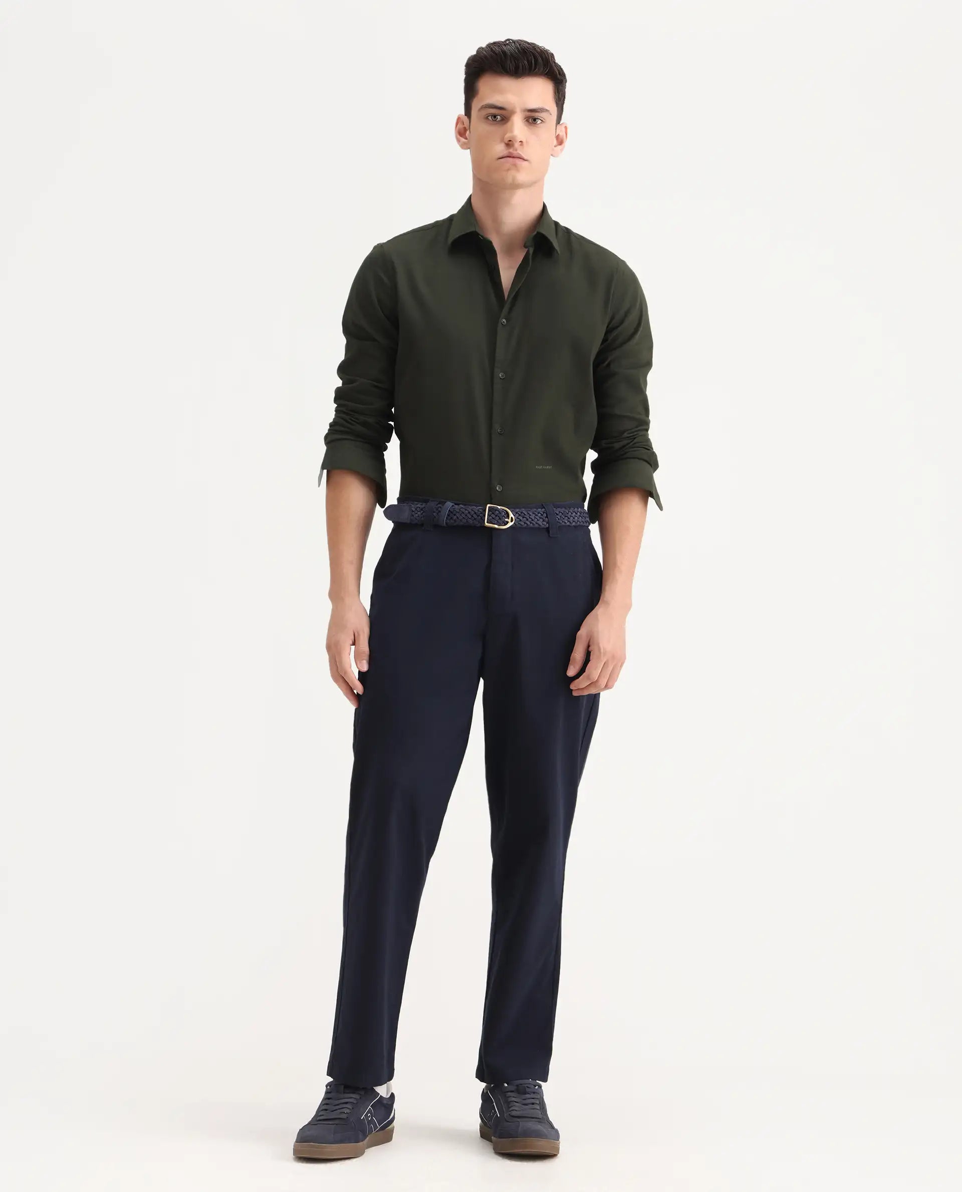 Rare Rabbit Men's Oren Navy Cotton Plain Straight Fit Trouser