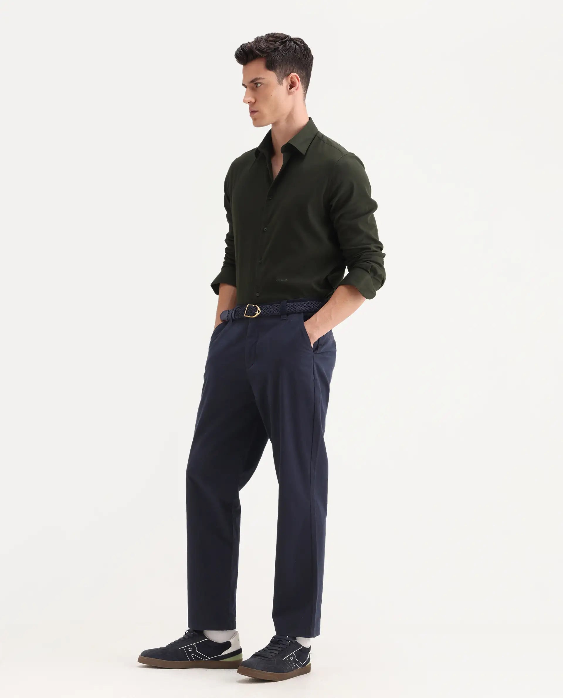 Rare Rabbit Men's Oren Navy Cotton Plain Straight Fit Trouser