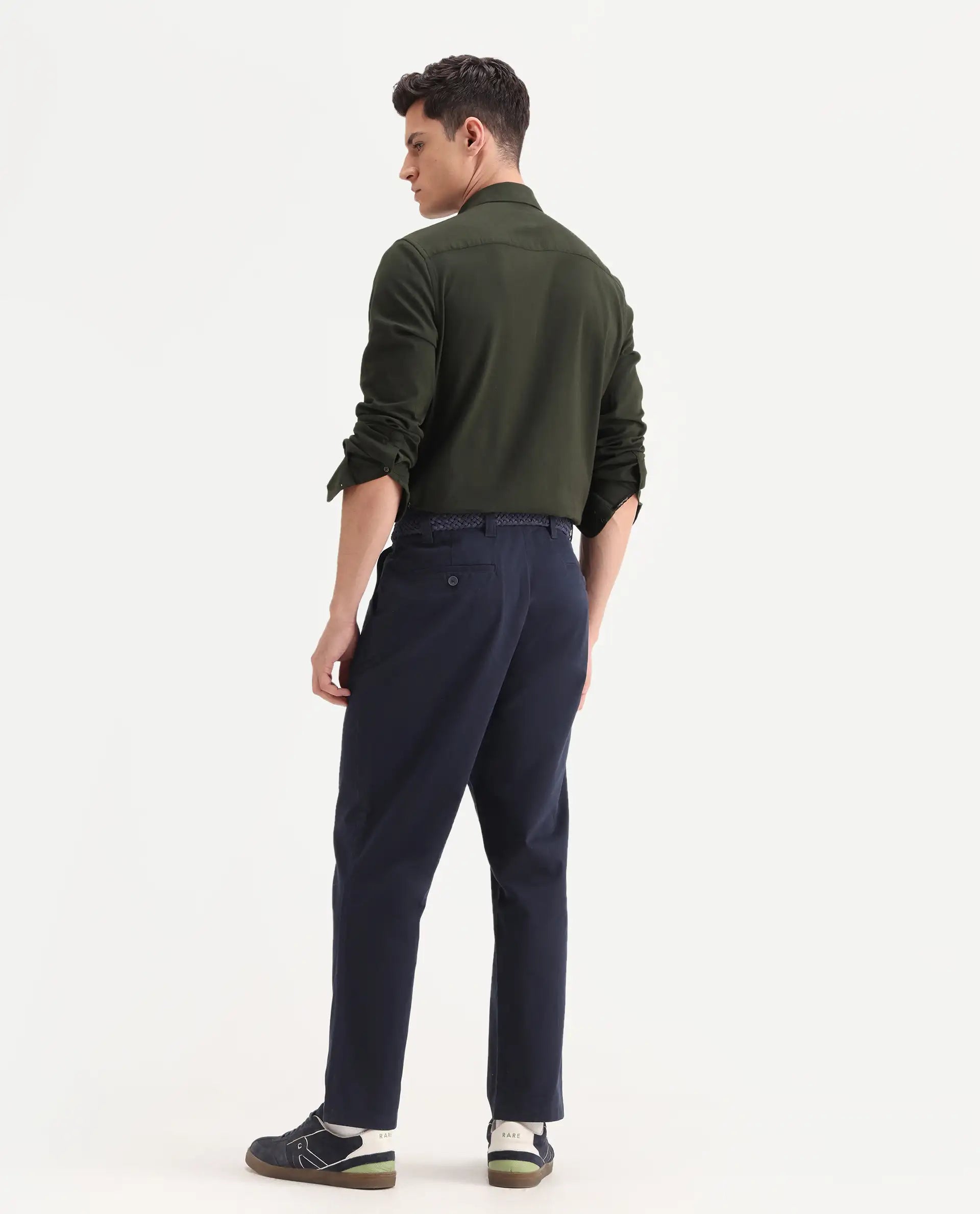 Rare Rabbit Men's Oren Navy Cotton Plain Straight Fit Trouser