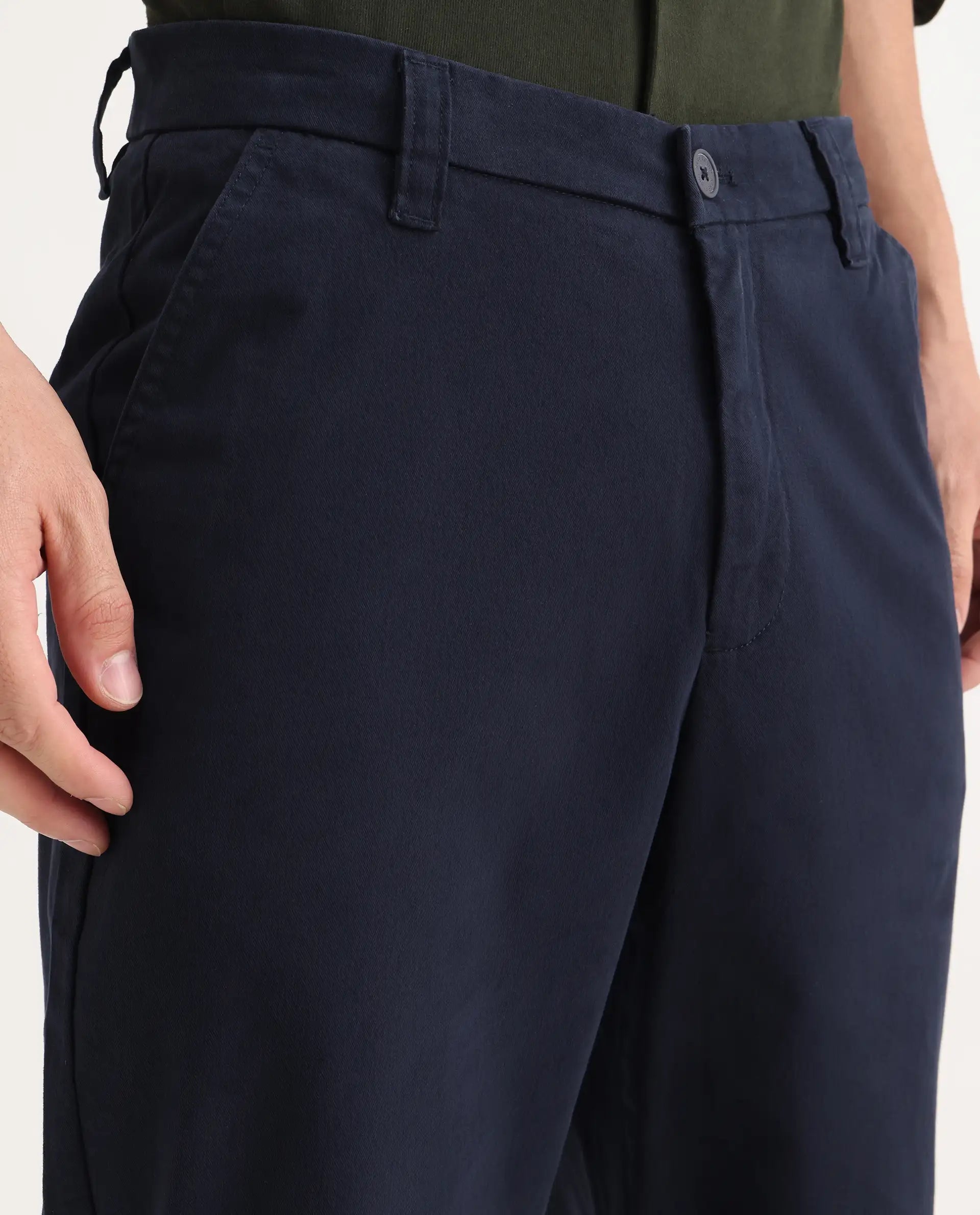 Rare Rabbit Men's Oren Navy Cotton Plain Straight Fit Trouser