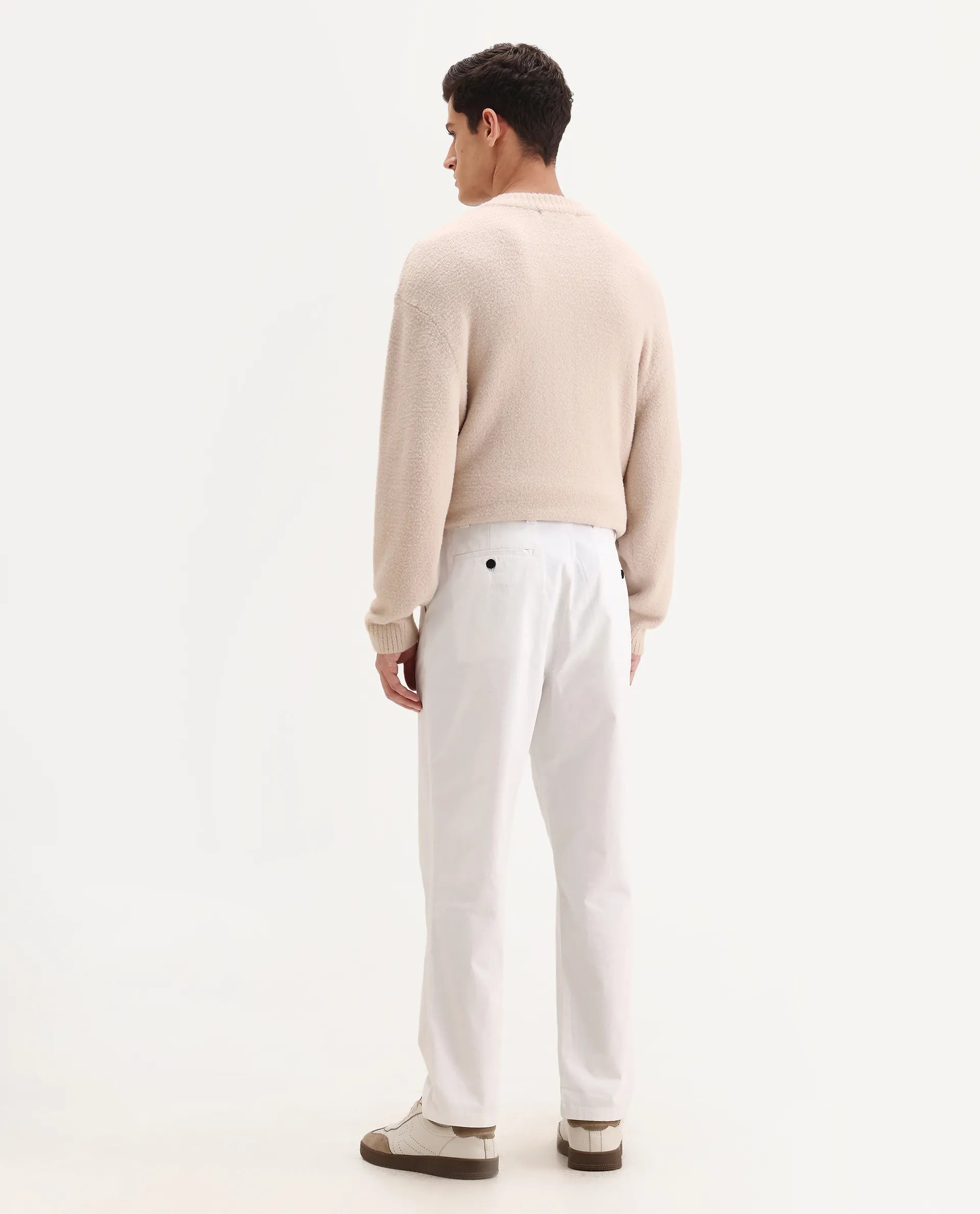 Rare Rabbit Men's Oren White Cotton Plain Straight Fit Trouser