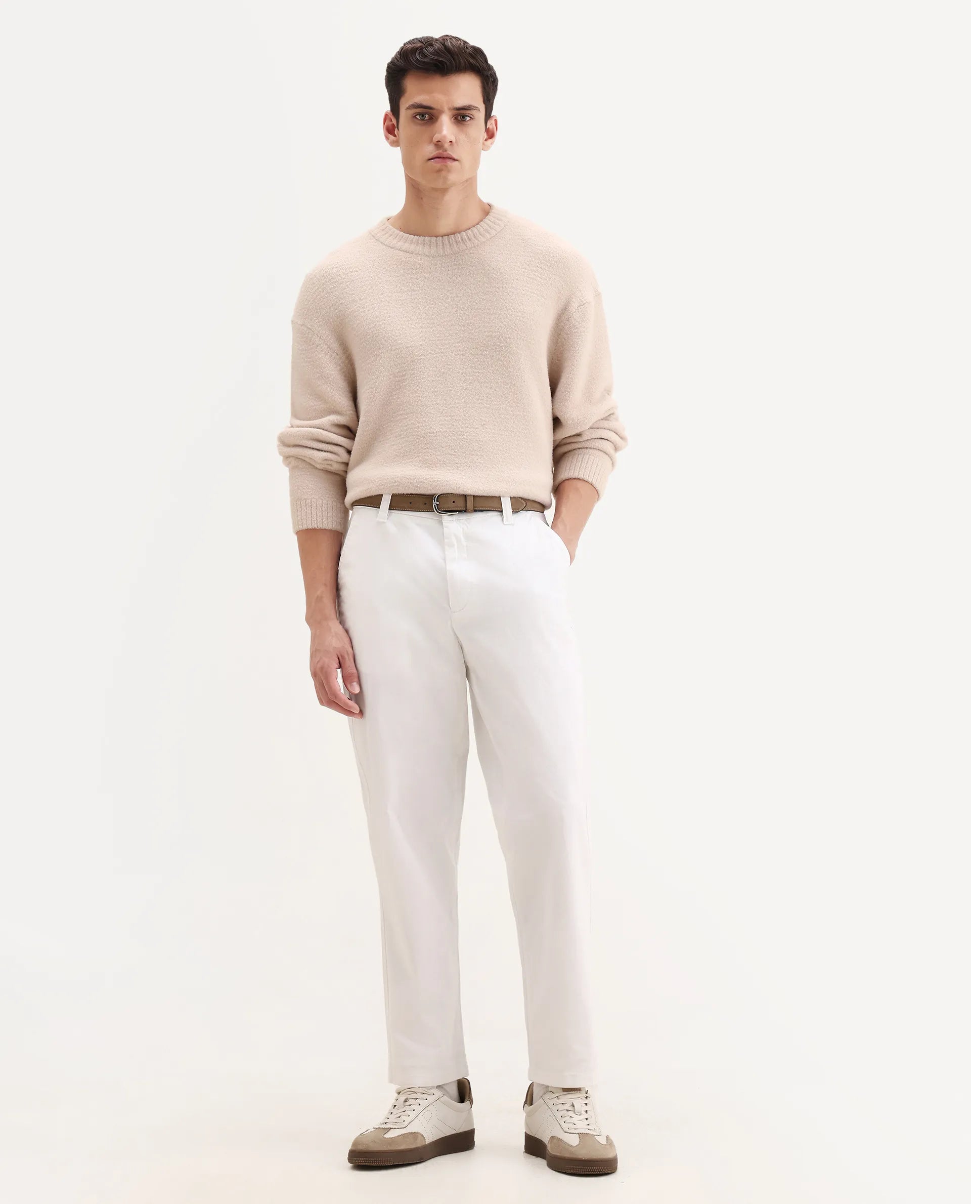 Rare Rabbit Men's Oren White Cotton Plain Straight Fit Trouser