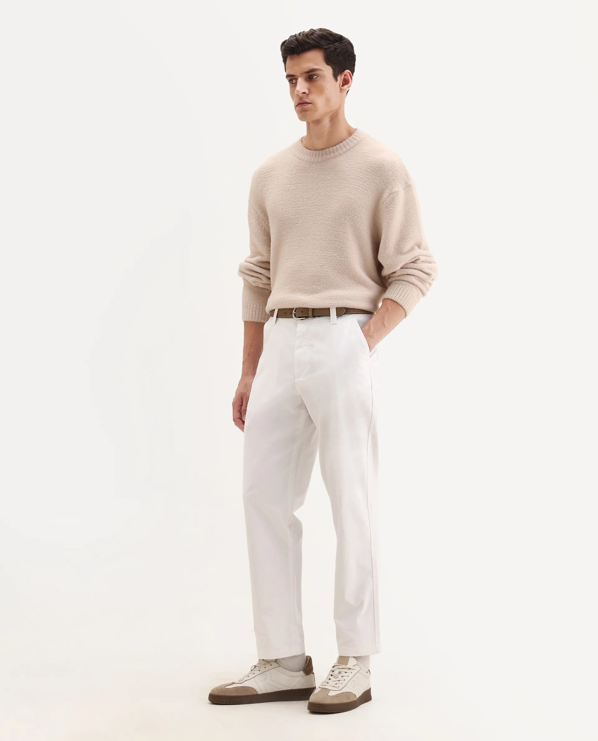 Rare Rabbit Men's Oren White Cotton Plain Straight Fit Trouser