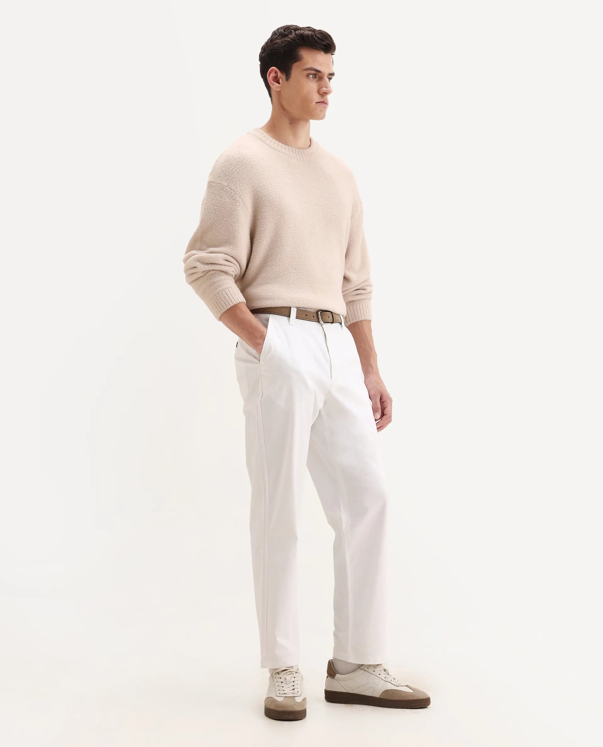 Rare Rabbit Men's Oren White Cotton Plain Straight Fit Trouser
