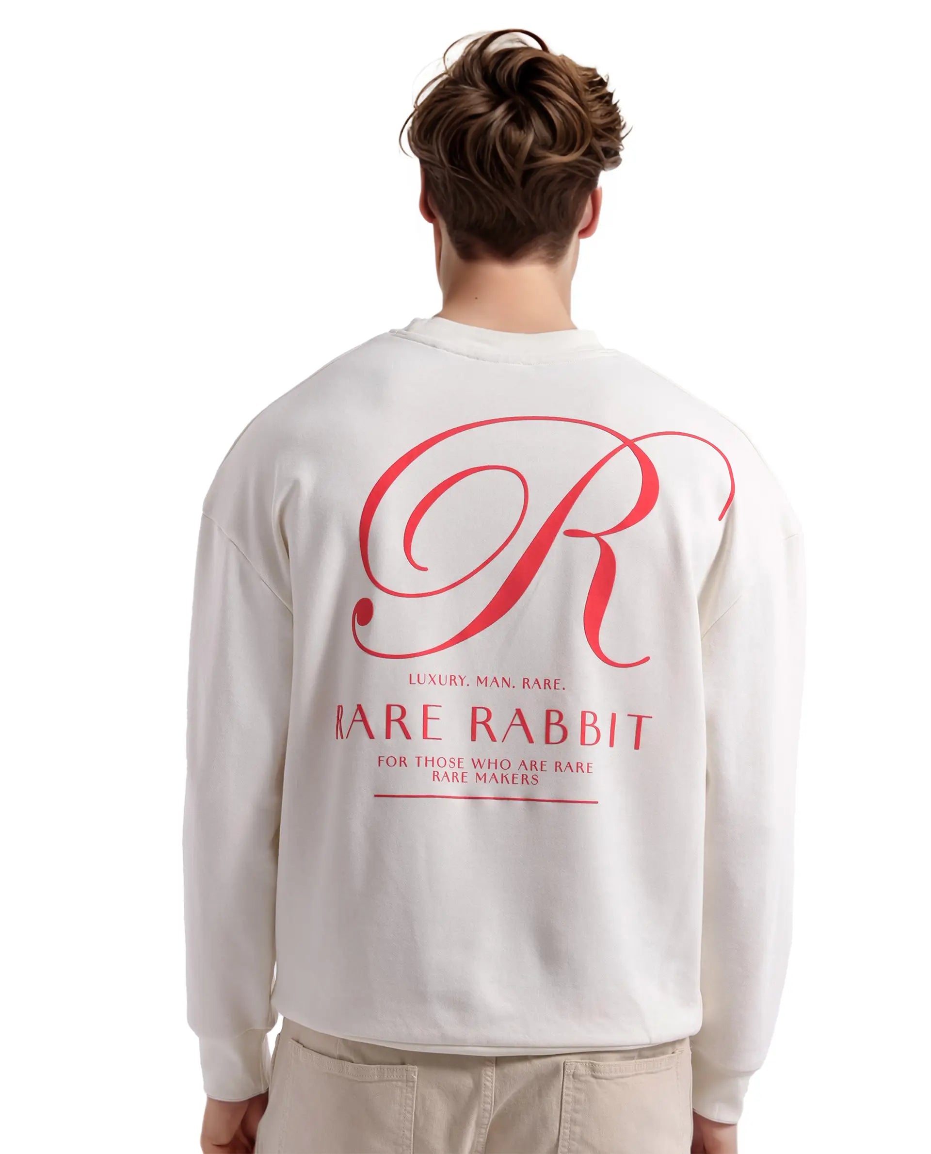 Rare Rabbit Men's Ore Off White Cotton Blend Fabric Full Sleeve Crew Neck Boxy Fit Printed Sweatshirt