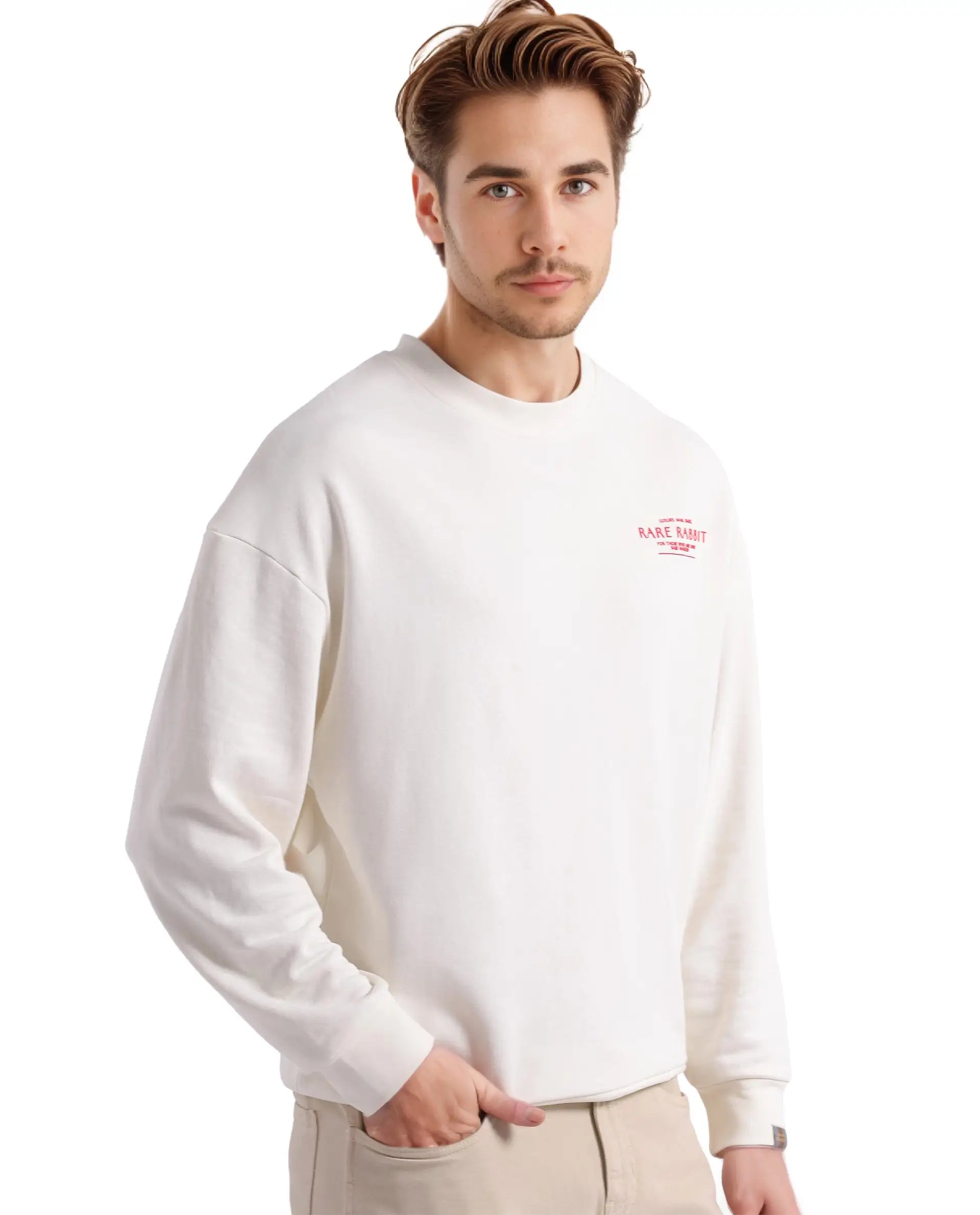 Rare Rabbit Men's Ore Off White Cotton Blend Fabric Full Sleeve Crew Neck Boxy Fit Printed Sweatshirt
