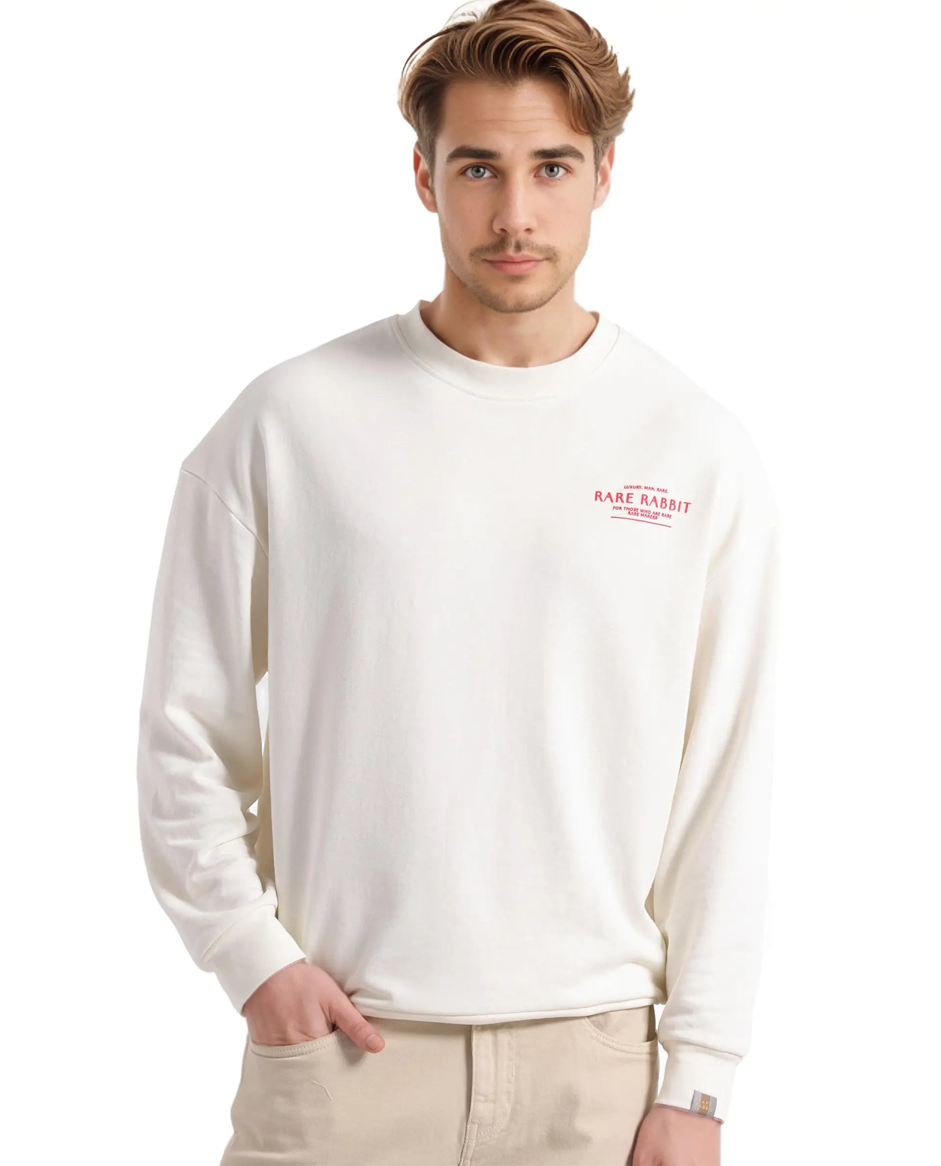Rare Rabbit Men's Ore Off White Cotton Blend Fabric Full Sleeve Crew Neck Boxy Fit Printed Sweatshirt